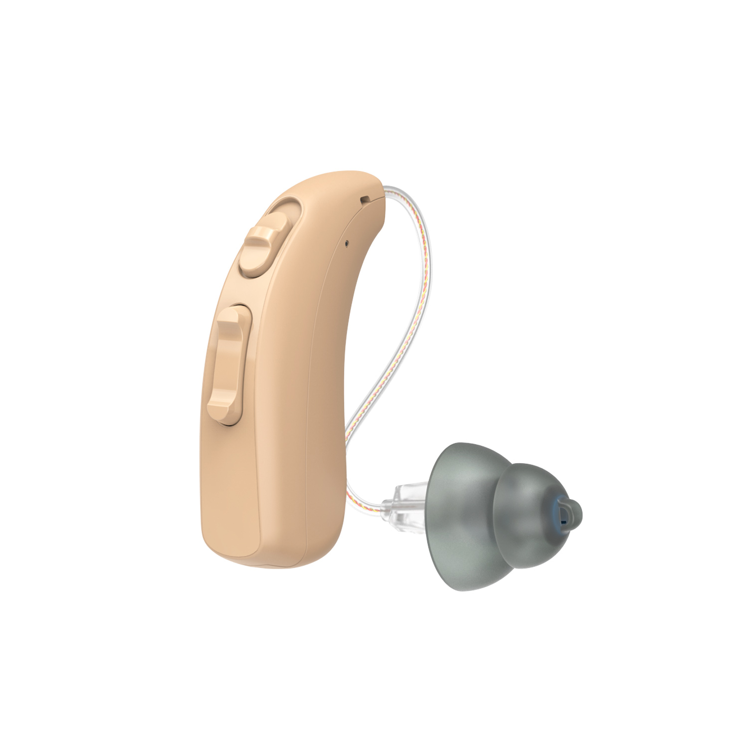 Beige Hörhilfe mit Ohrstöpsel und Kabel auf weißem Hintergrund.