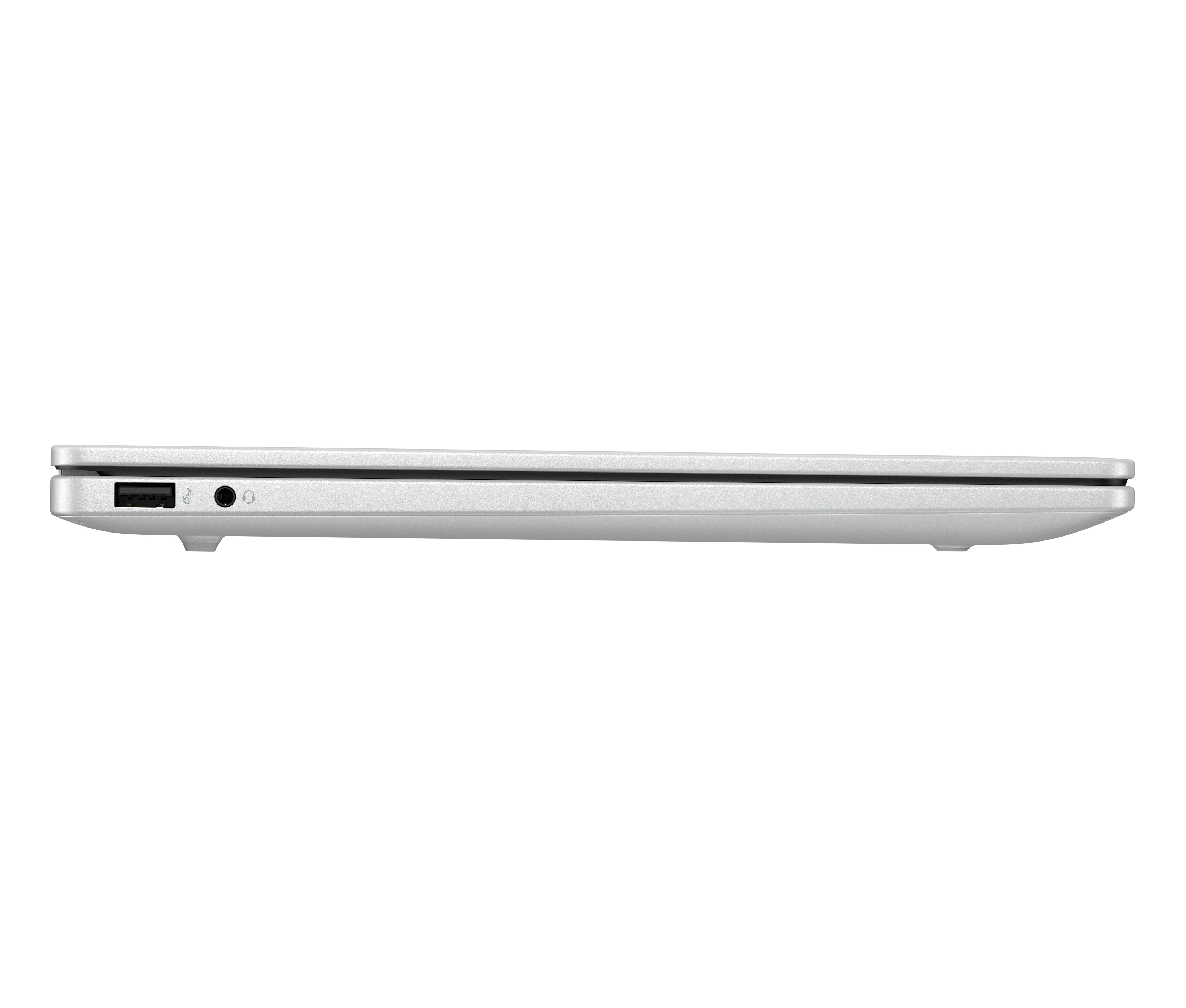 Bordo argento laptop con porta USB e jack cuffie.