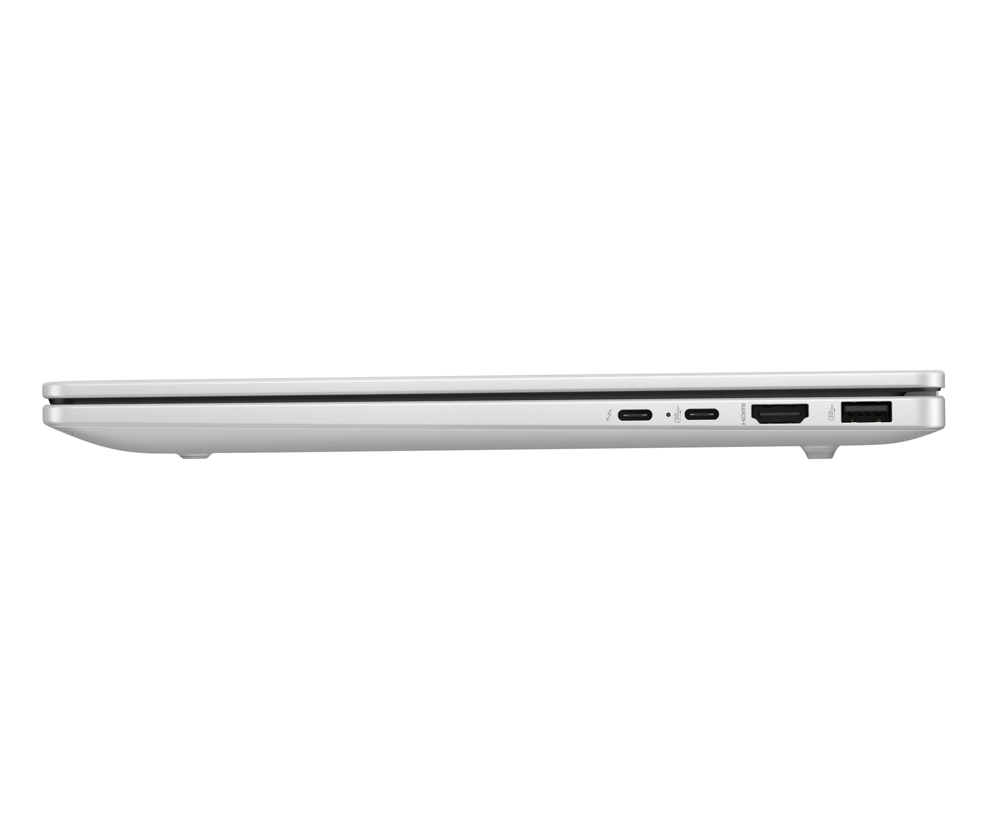 Laptop argento, vista laterale destra con porte: Thunderbolt, USB-C, HDMI, USB-A.