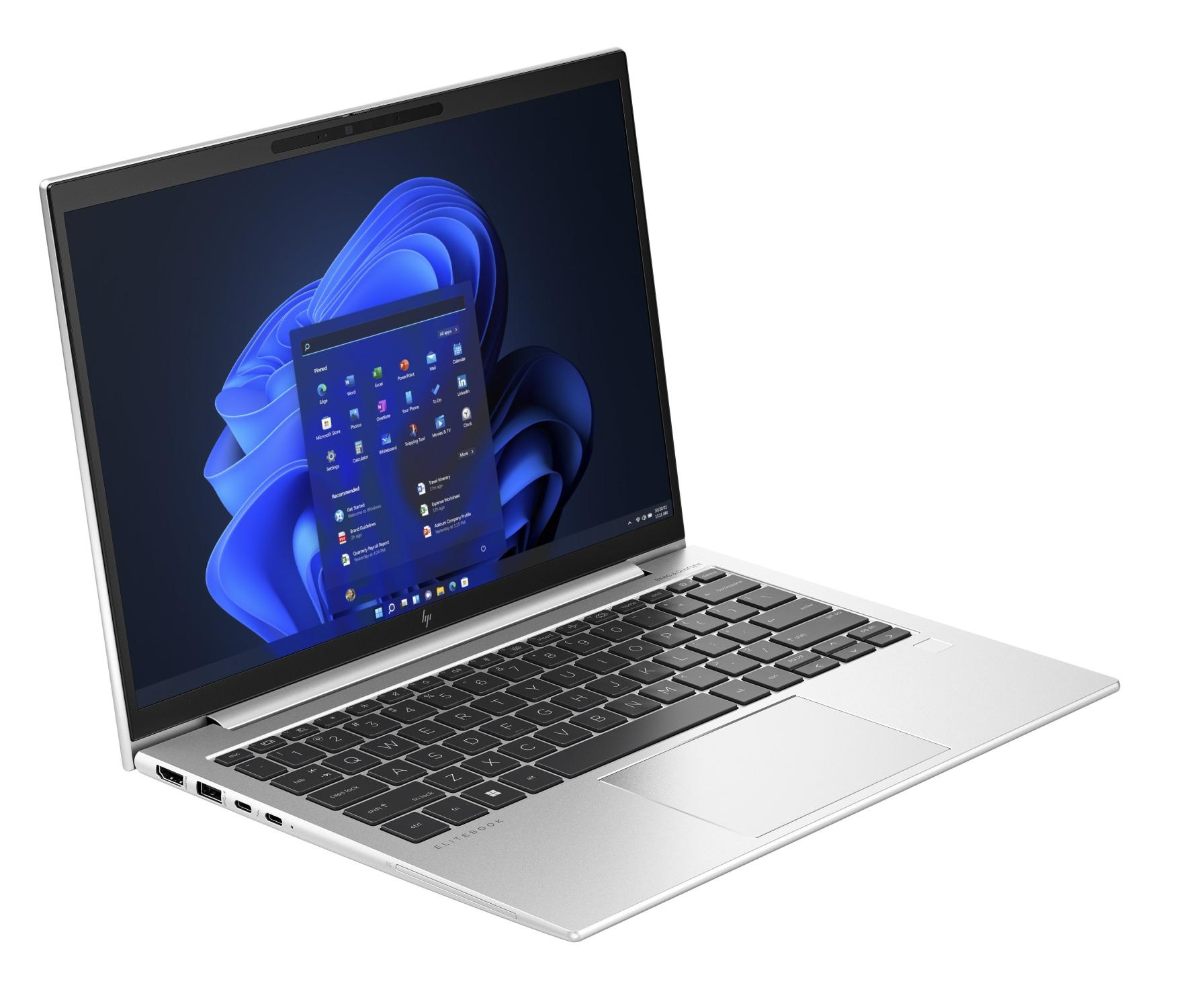 Ein silberner HP Elitebook Laptop mit einem dunklen Bildschirm und blauer Hintergrundgrafik.