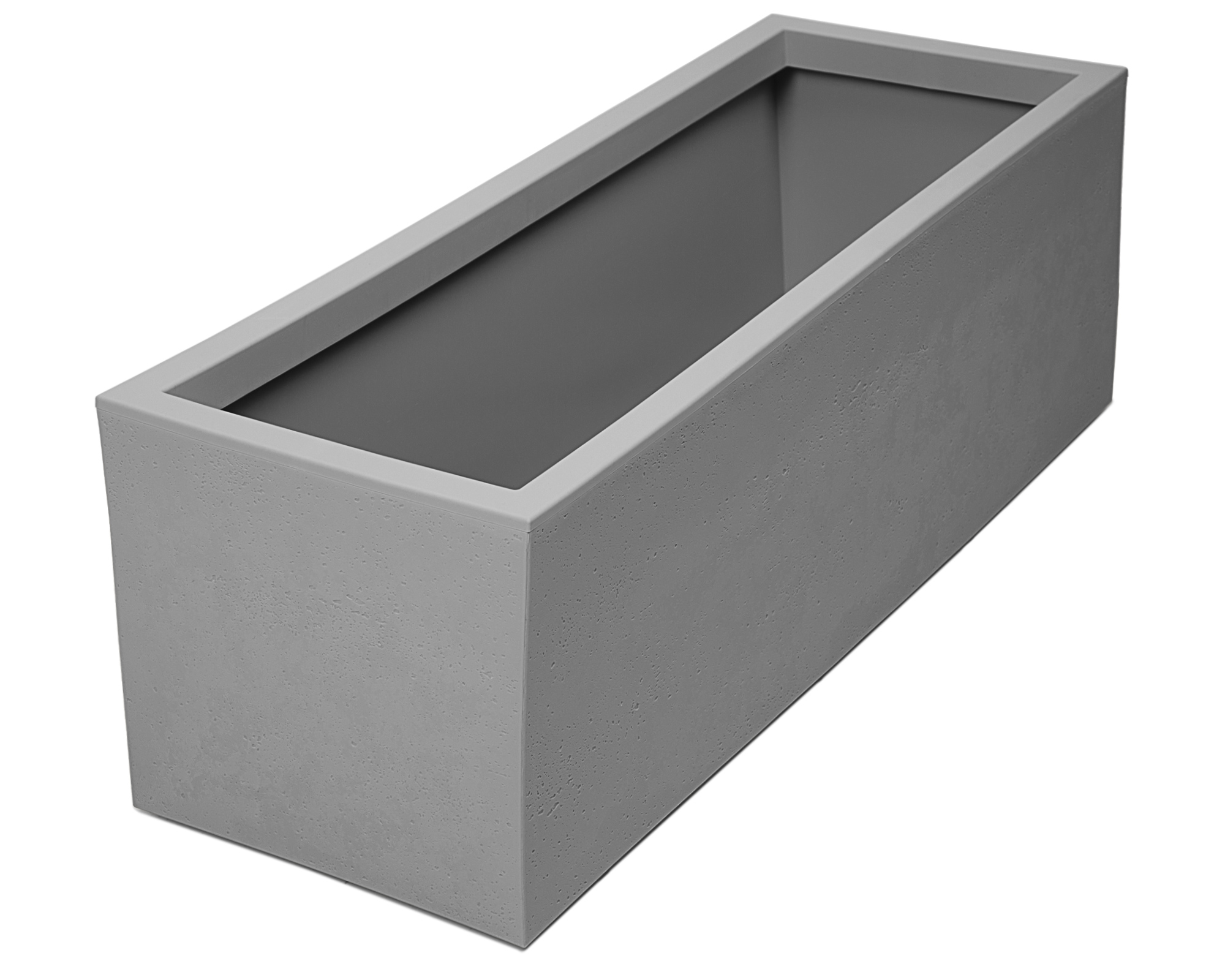 Grauer rechteckiger Beton-Blumentopf mit glatter Oberfläche und dunklem Einsatz.