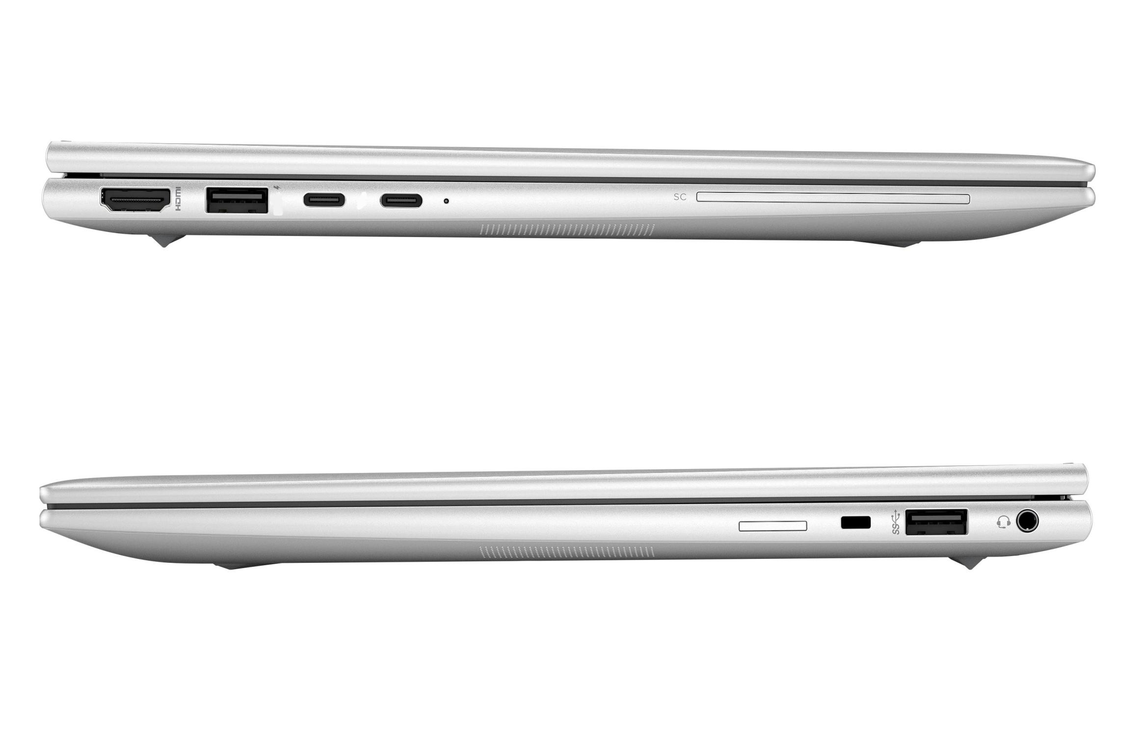 Silberner Laptop-Seite mit Anschlüssen: HDMI, USB-A, USB-C, SD-Kartenleser.