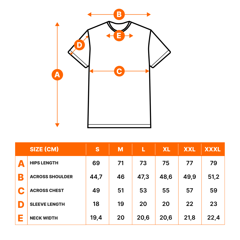 Größentabelle für T-Shirts: Maße in cm für Hüftlänge, Schulterbreite, Brustbreite, Ärmellänge, Halsausschnitt.