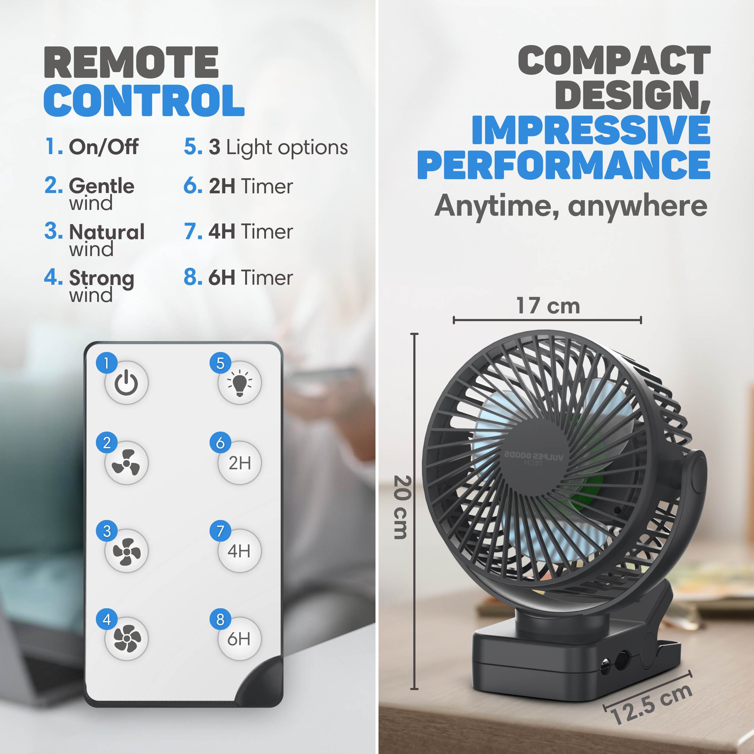 Een kleine zwarte ventilator met afstandsbediening en afmetingen.