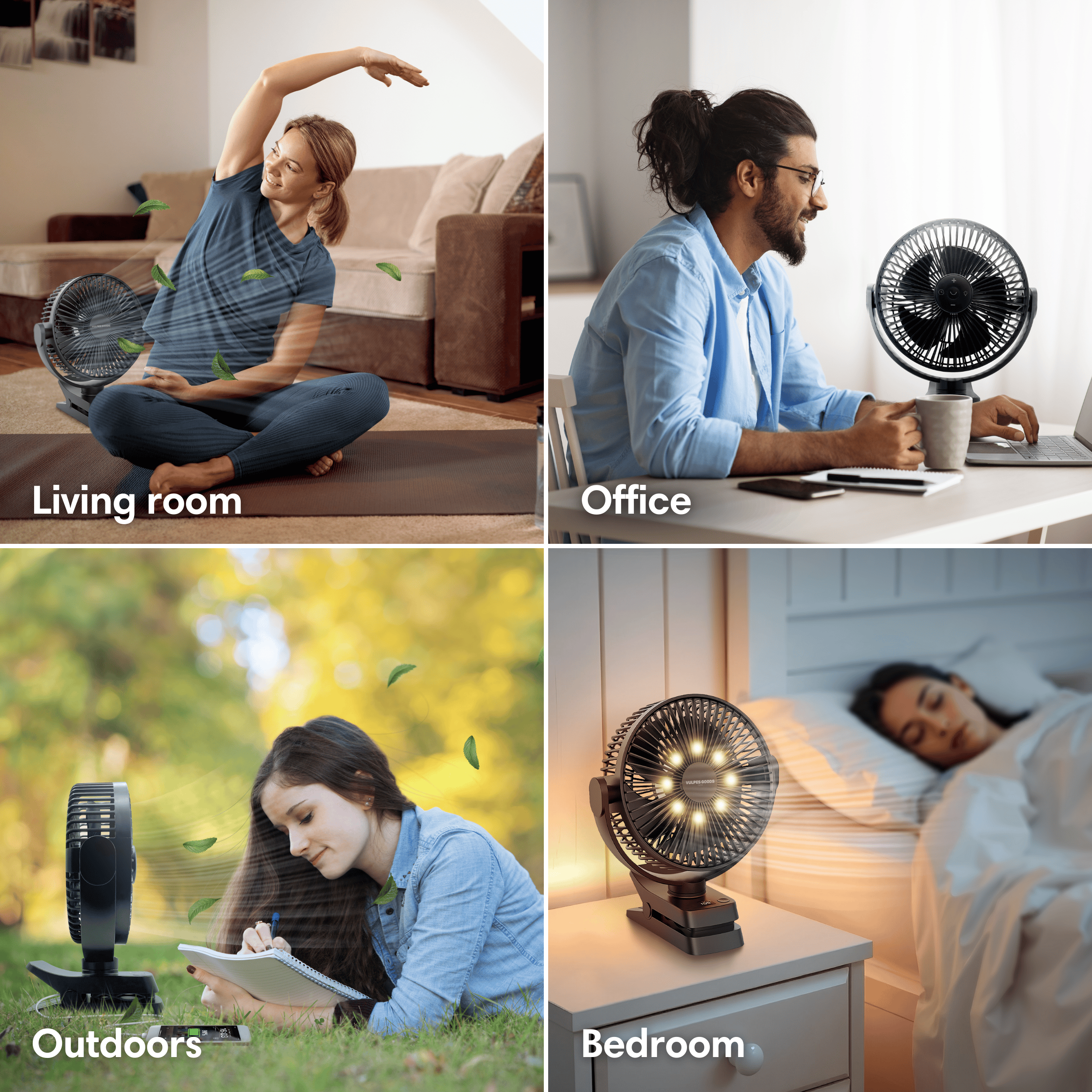 Four scenes show a portable fan in different settings: living room, office, outdoors, and bedroom.