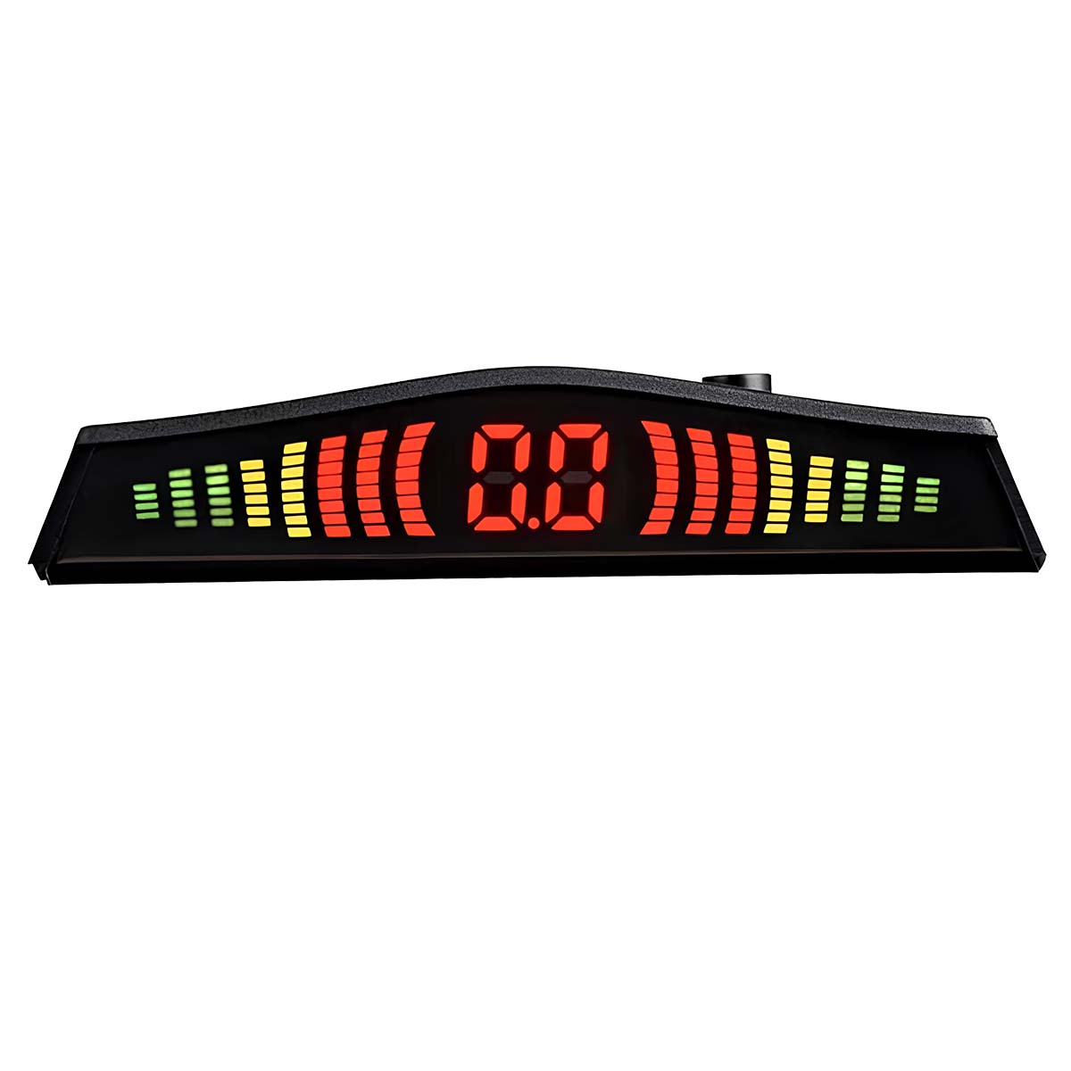 Ein schwarzes Parkassistenzdisplay mit roten und grünen LED-Balken und digitaler Anzeige.