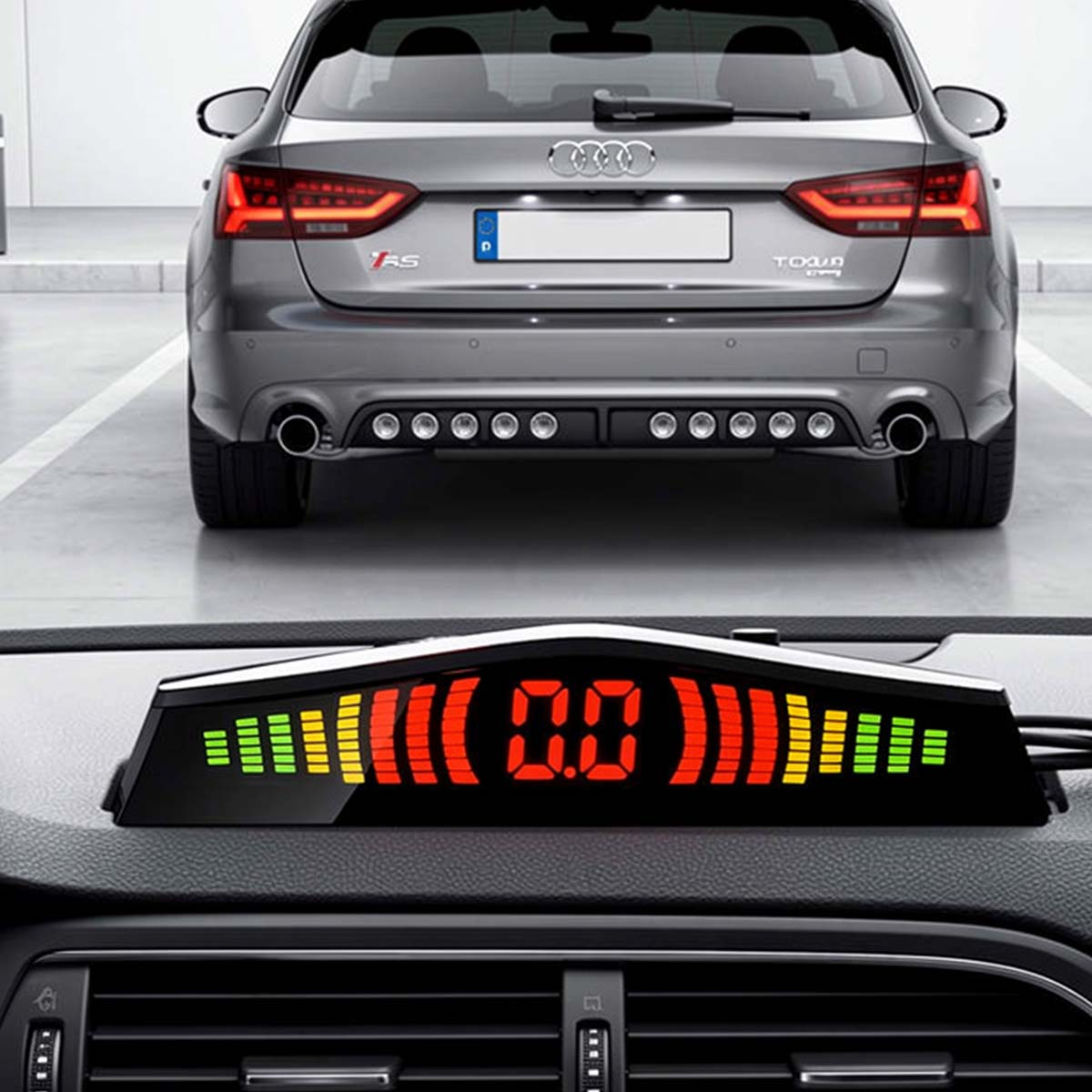 Ein Parkassistent-Display zeigt 0.0 mit roten und grünen Balken vor einem grauen Audi.