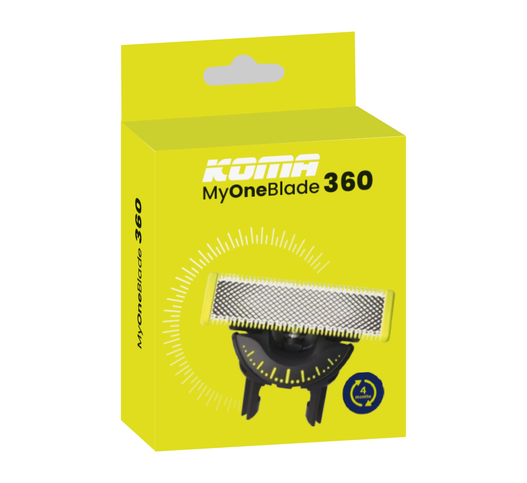 Verpackung für Koma MyOneBlade 360 mit Scherkopf und 4-Monats-Symbol.