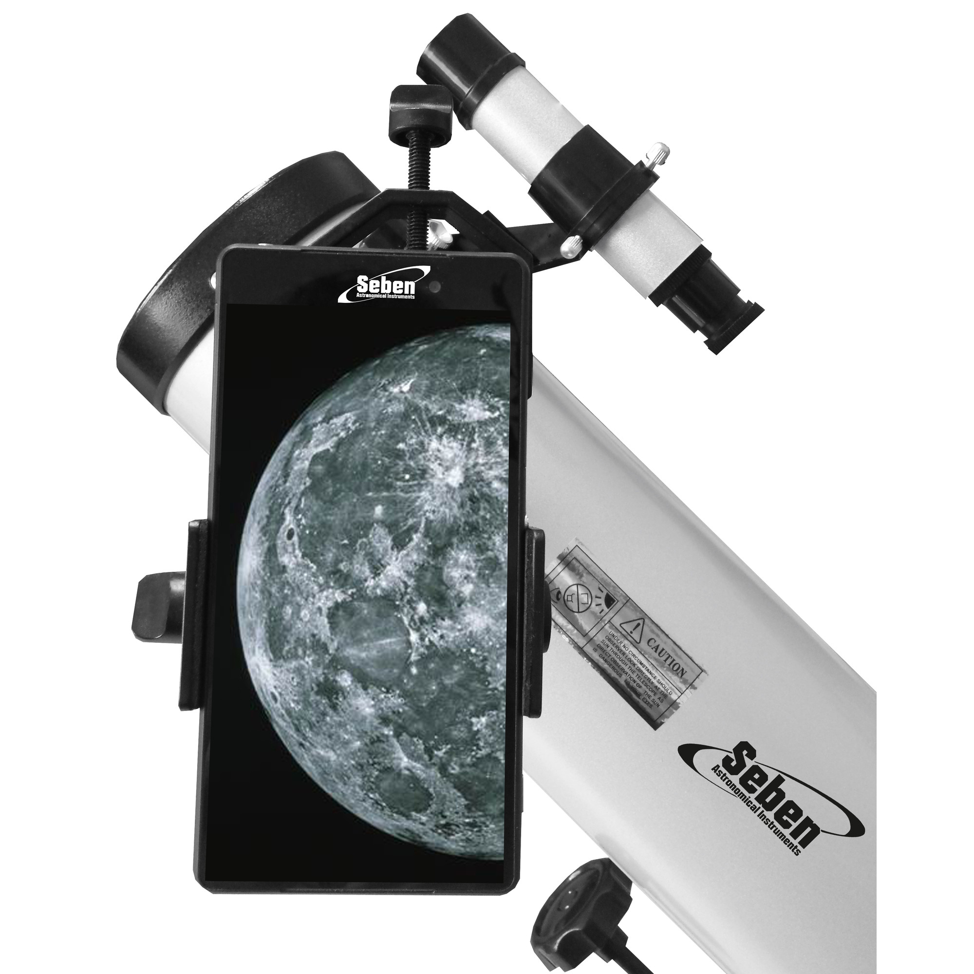 Ein silbernes Teleskop mit einer Handyhalterung, die auf den Mond zeigt.