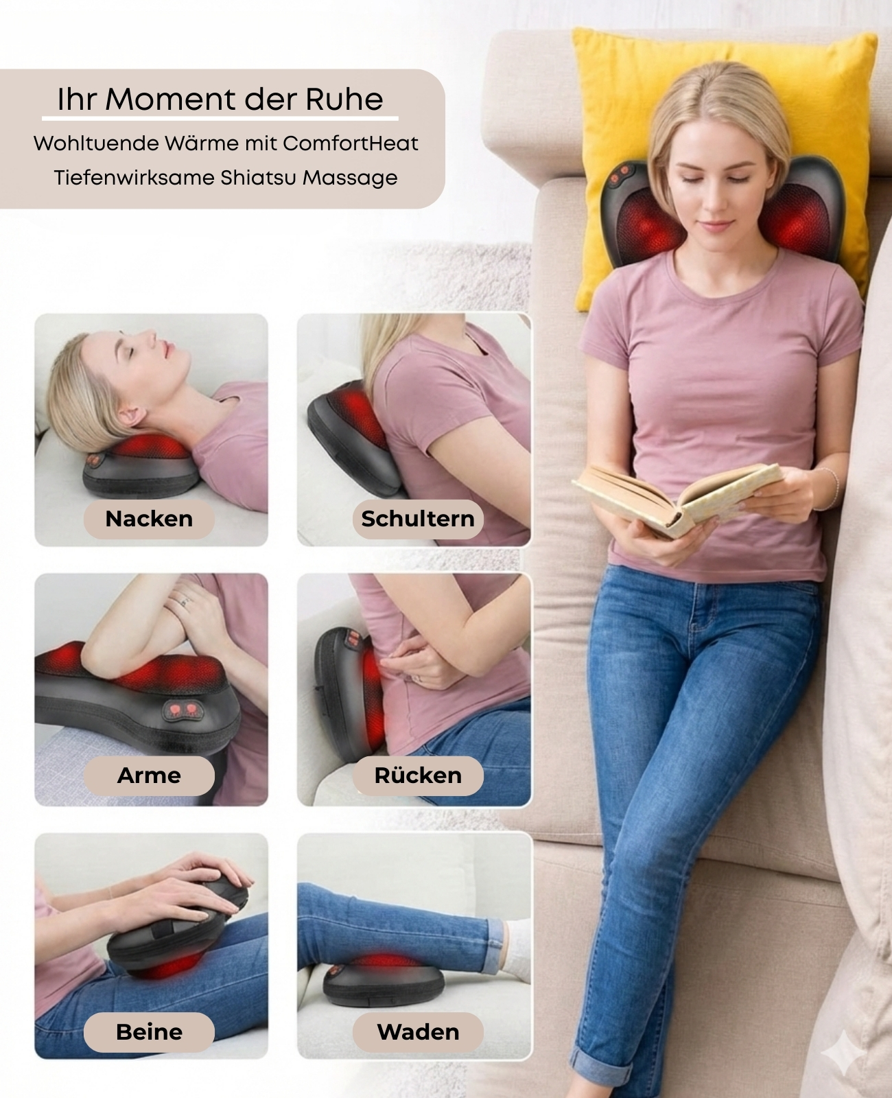 Frau liest Buch, während eine Nackenmassagegerät auf dem Sofa verwendet wird.