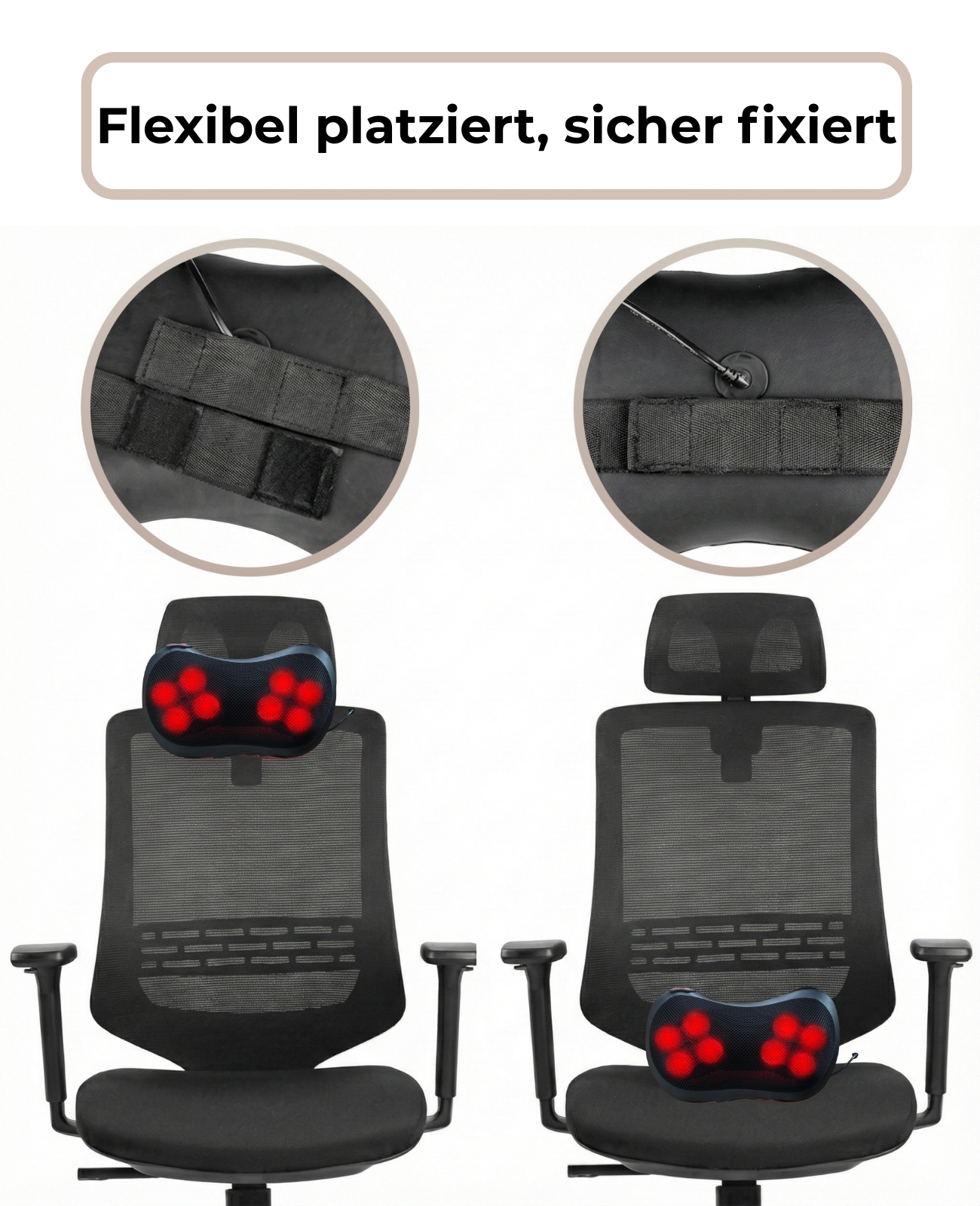 Ein Nackenkissen mit roten Lichtern auf einem Bürostuhl.