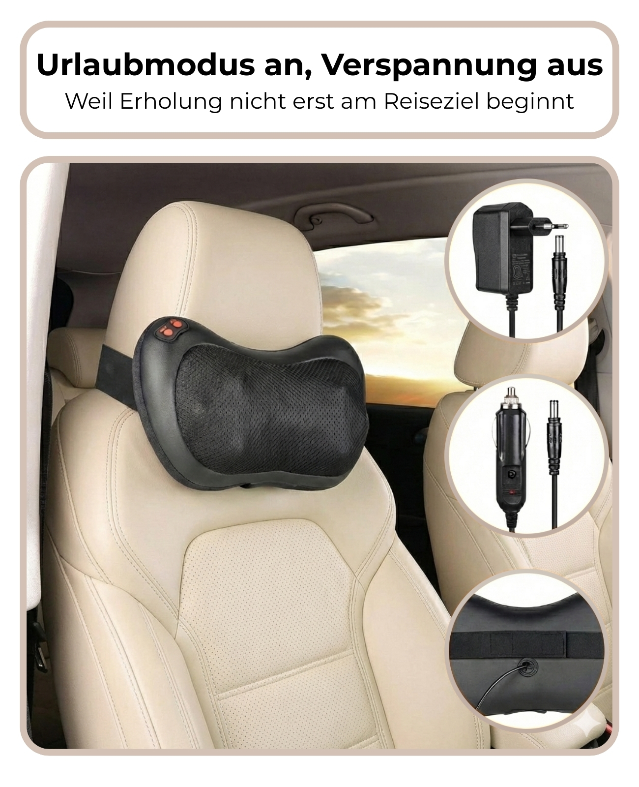 Schwarzes Nackenkissen mit Massagefunktion auf beigefarbenem Autositz.
