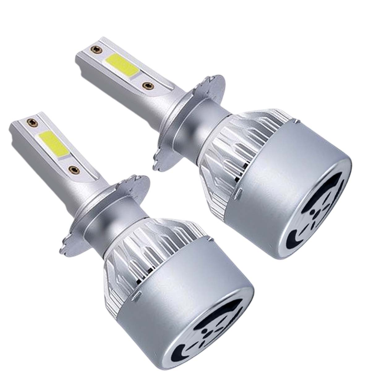 Zwei silberne LED-Autolampen mit Kühlrippen und transparenten Elementen.