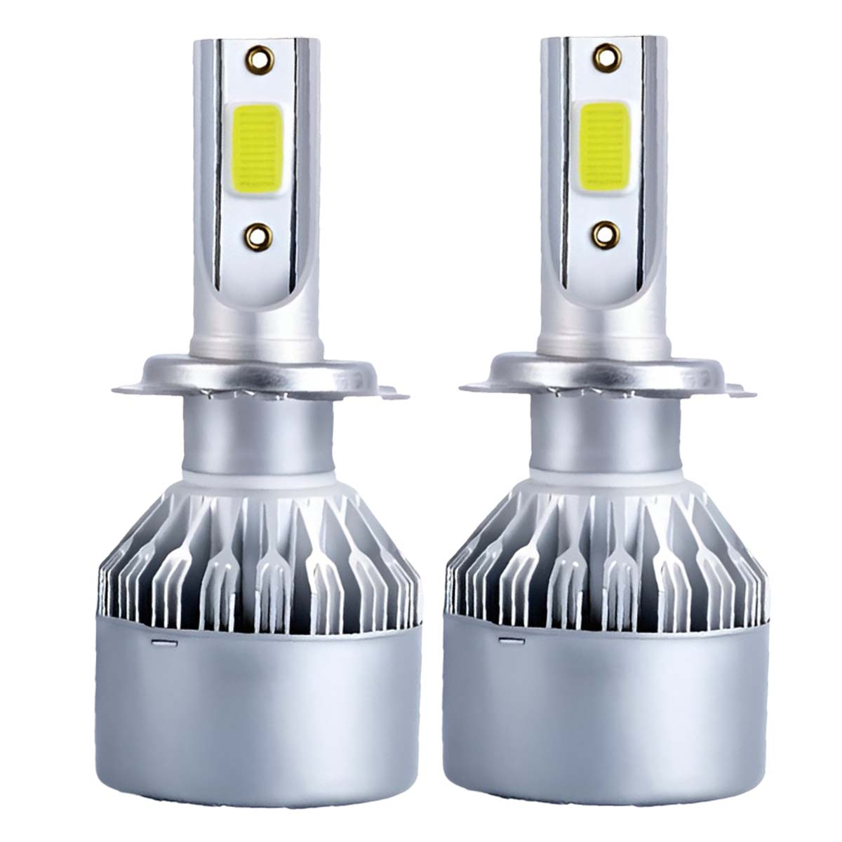 Zwei silberne LED-Autolampen mit Kühlrippen und gelben Lichtern.