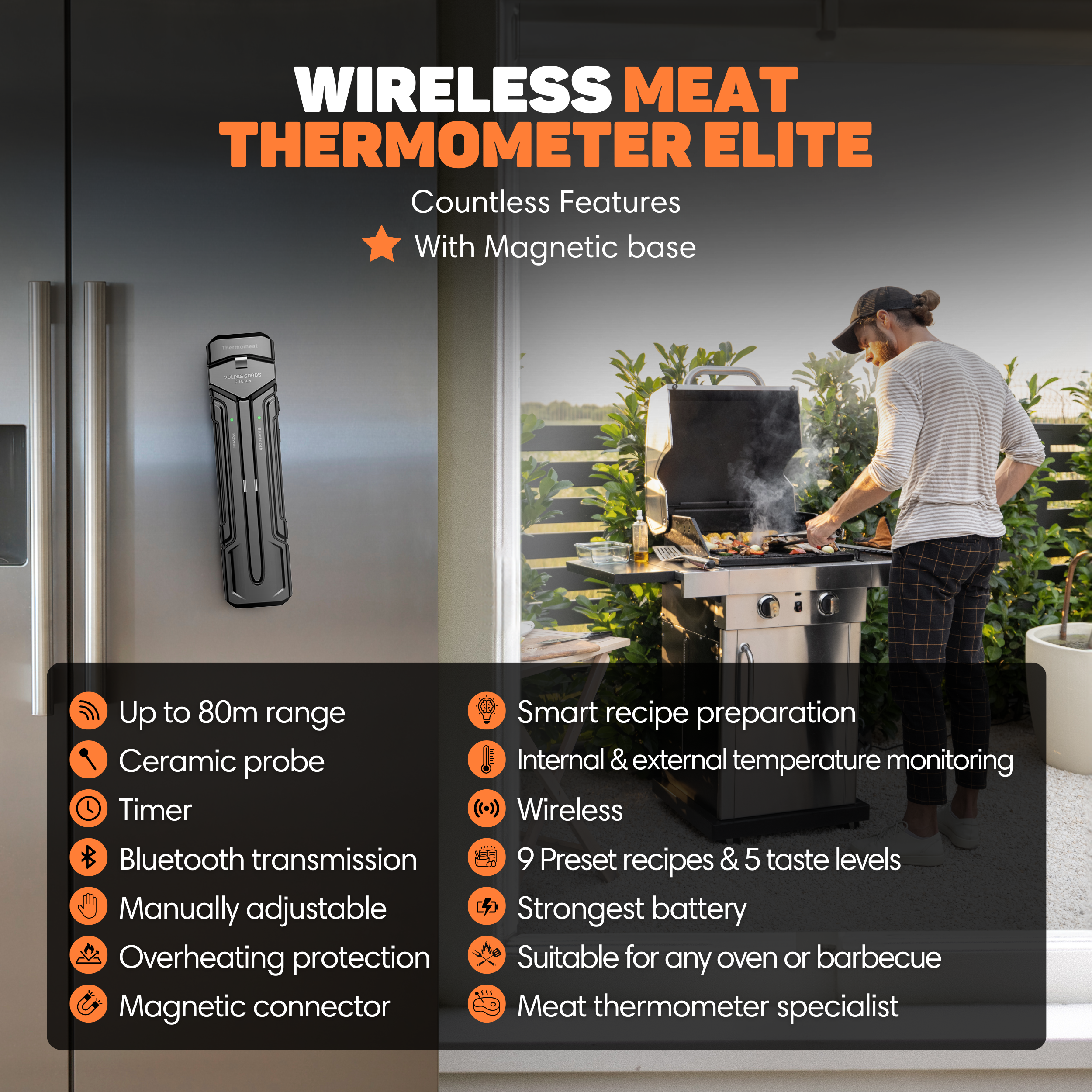 A man grills, a thermometer is on a refrigerator. Features listed.