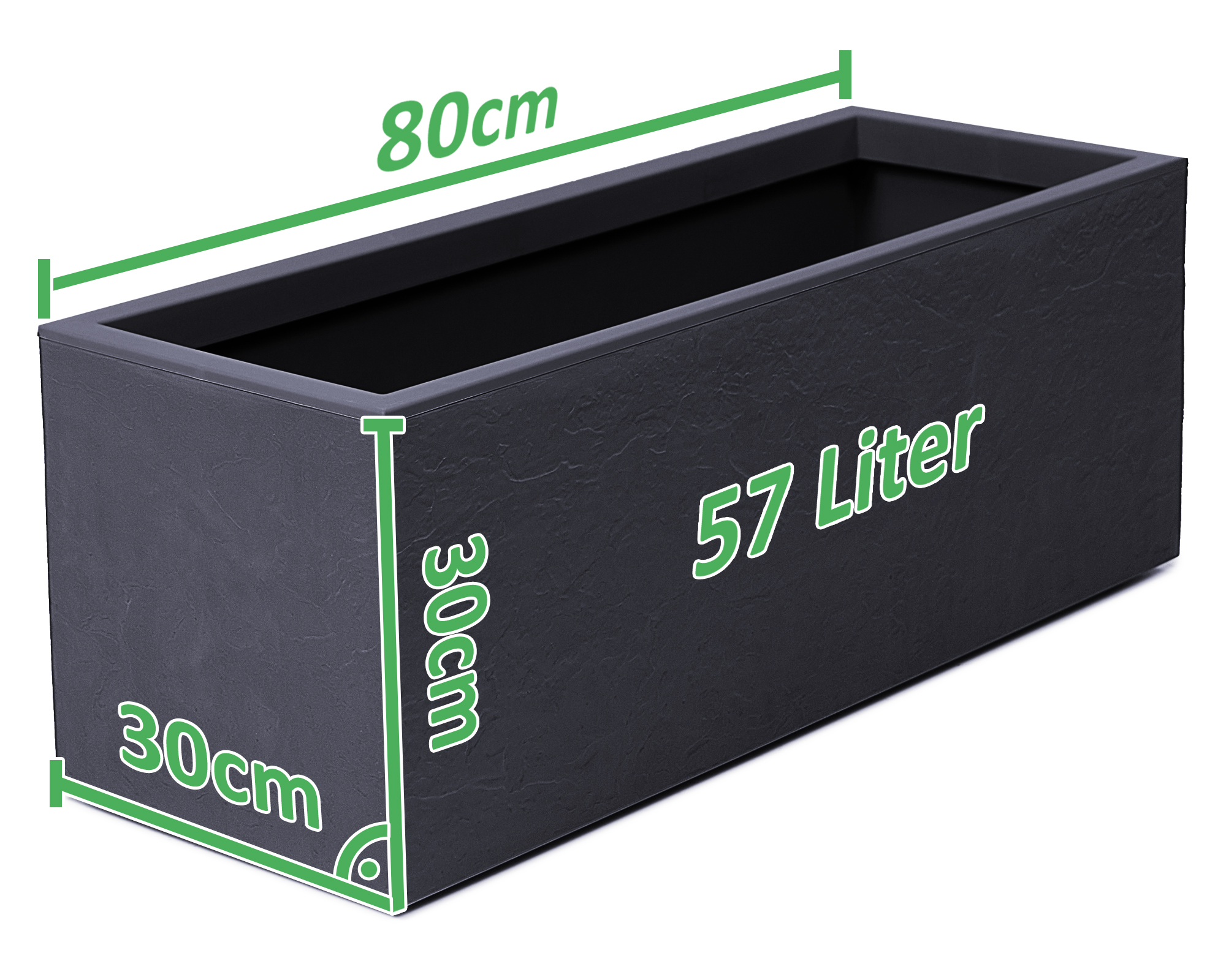 Schwarzer rechteckiger Pflanzkasten, 80x30x30cm, 57 Liter Fassungsvermögen.