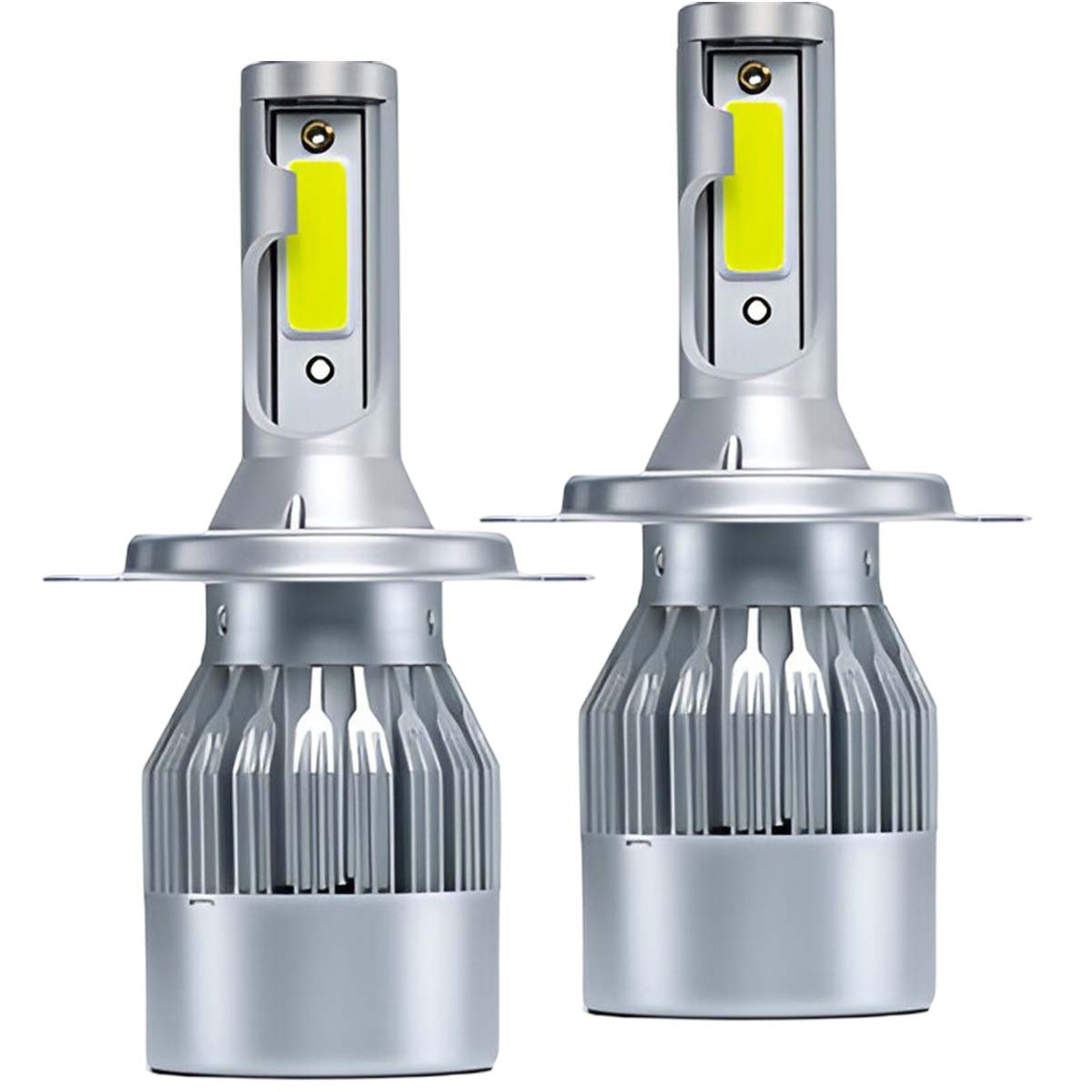 Zwei silberne LED-Autolampen mit Kühlrippen und gelben Lichtern.