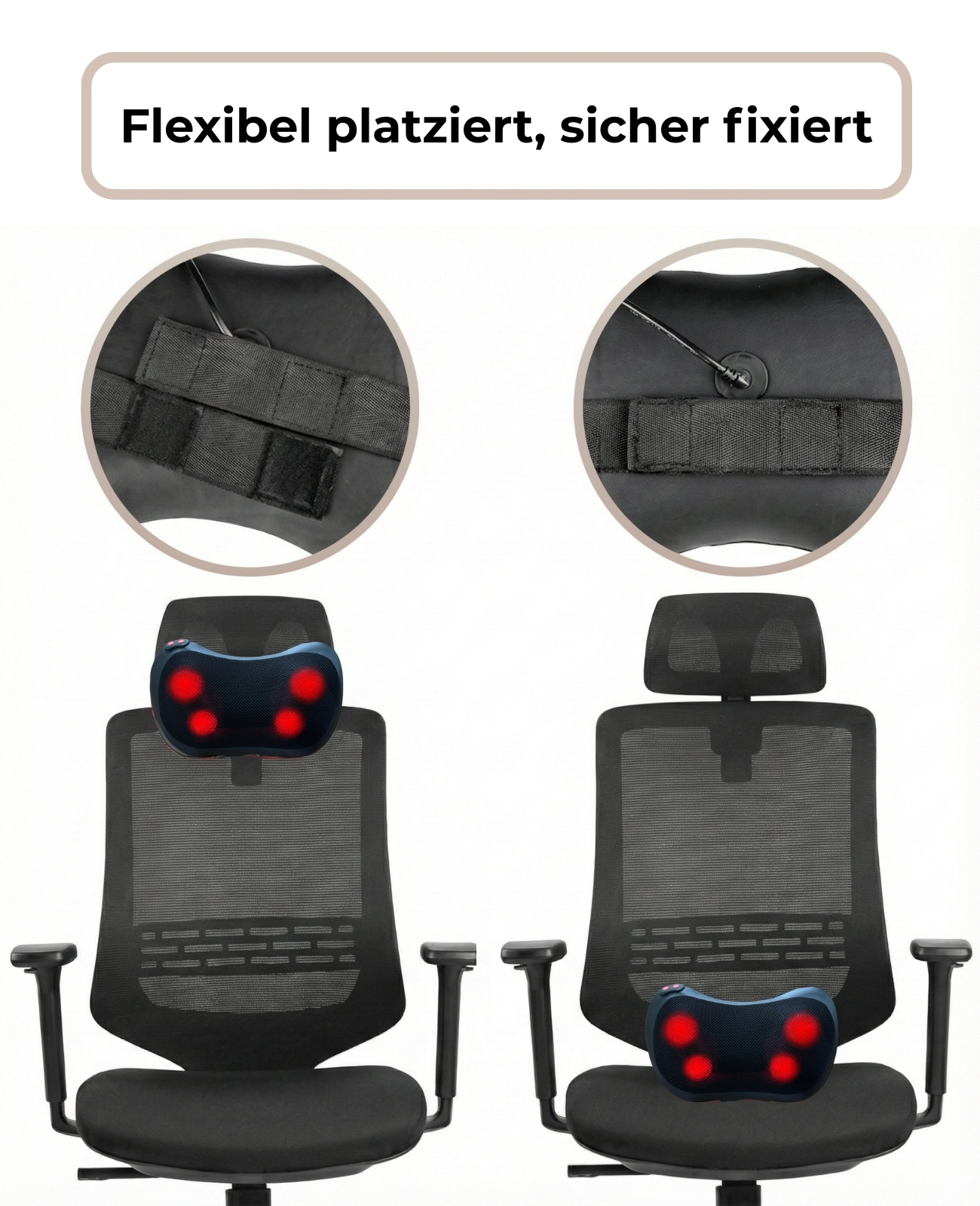 Zwei Bürostühle mit Massagekissen; eines am Kopf, eines am Sitz.