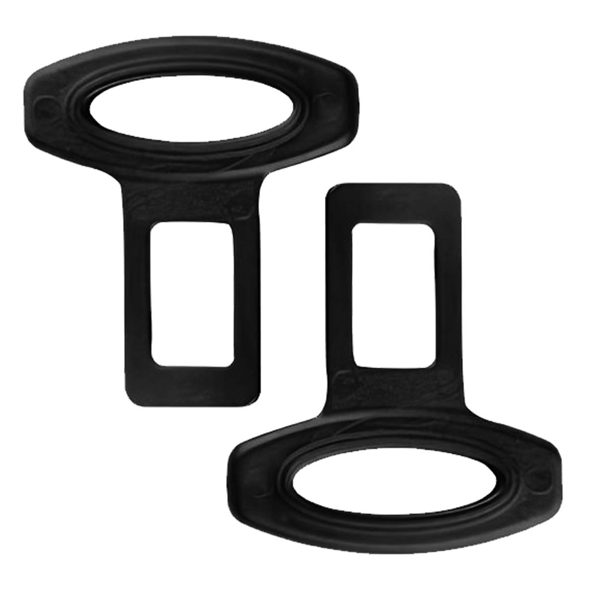 Due fibbie nere per cintura di sicurezza con aperture ovali e rettangolari.