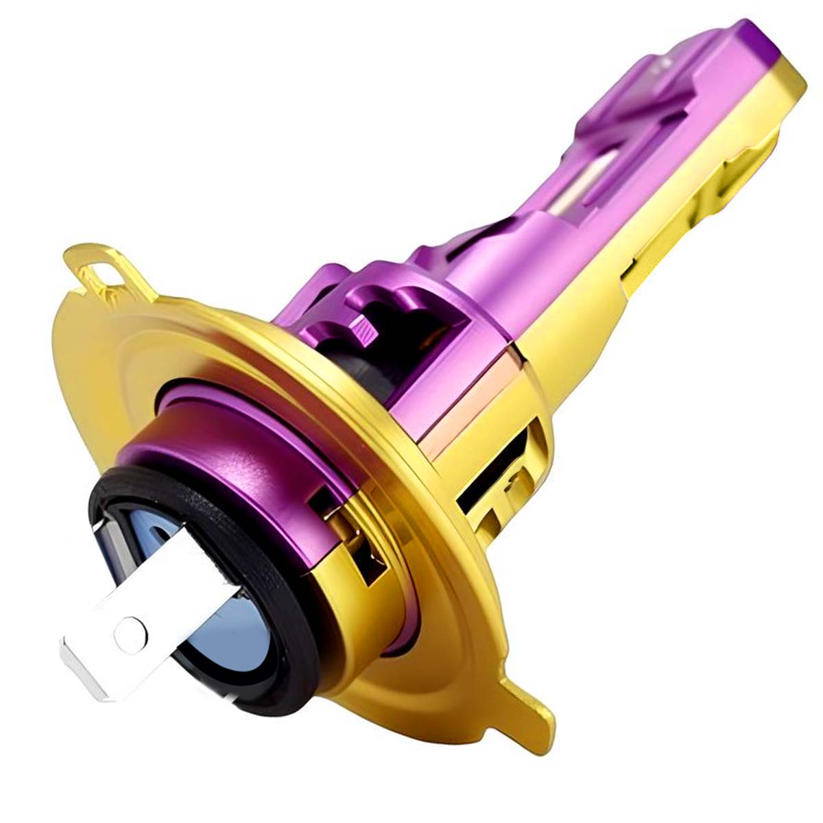 Goldener Sockel mit violetter und goldener LED-Lampe. Weiße Metallspitze.