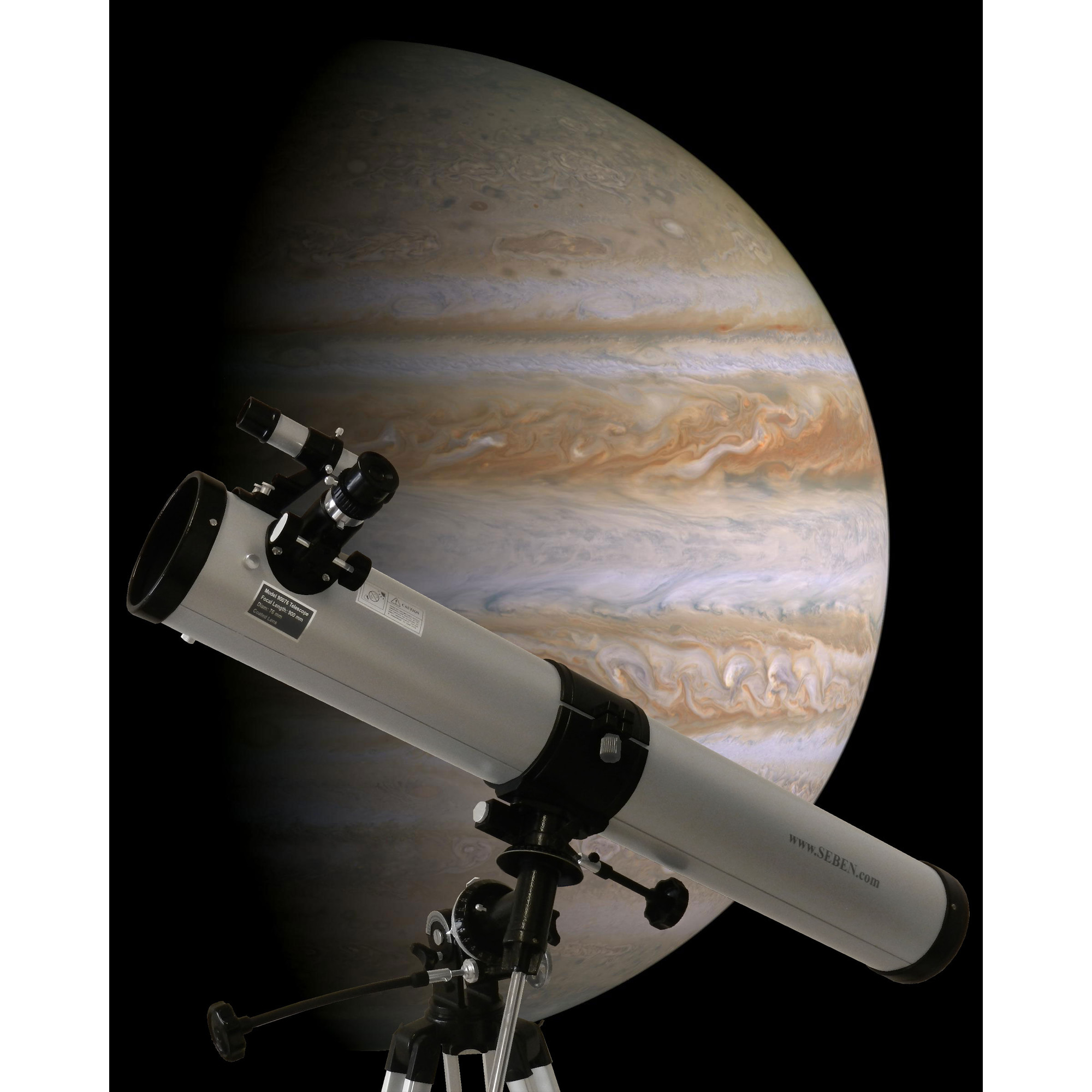 Ein Teleskop steht vor dem Planeten Jupiter mit seinen Wolkenbändern.