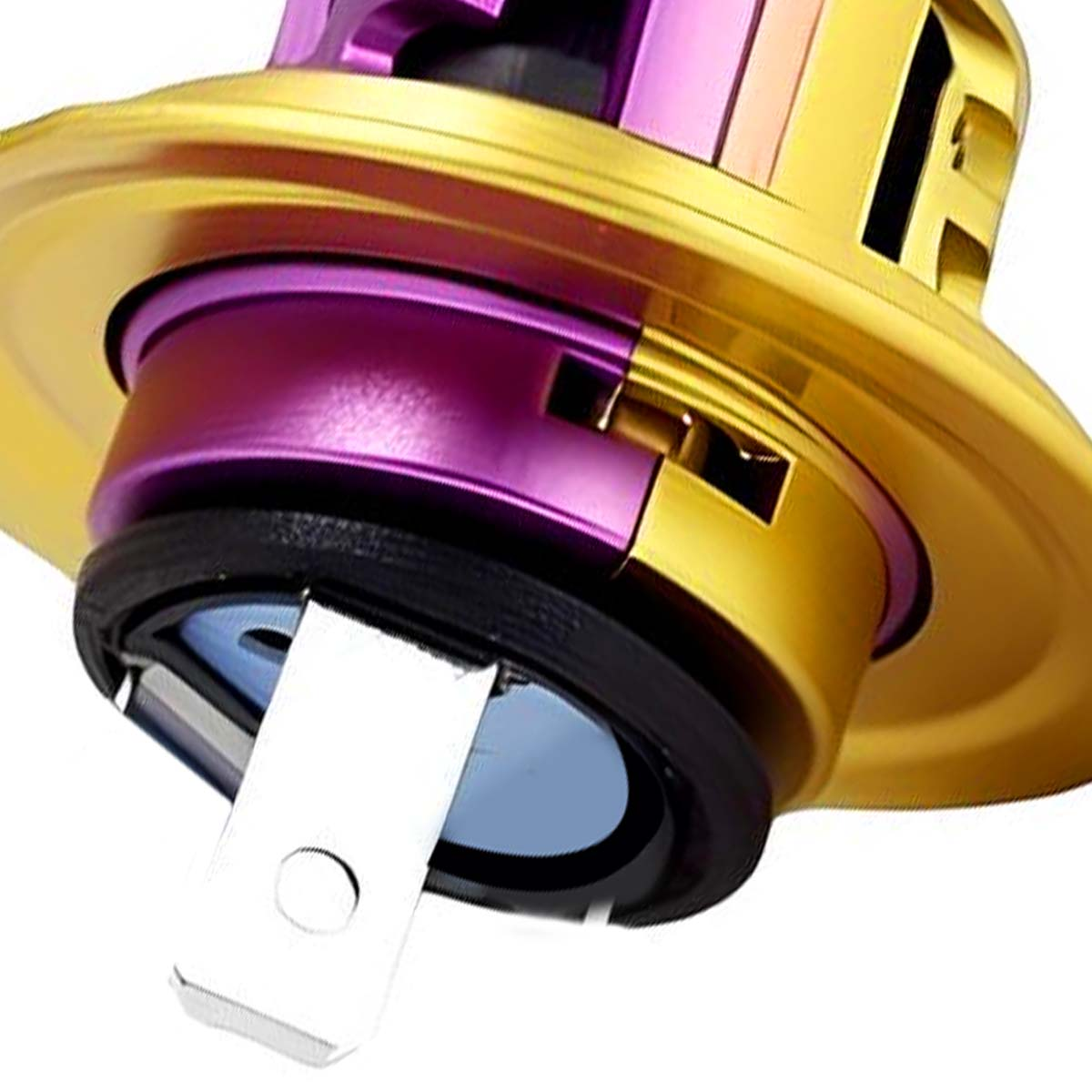 Goldener und violetter Metallstecker mit silbernem Anschluss