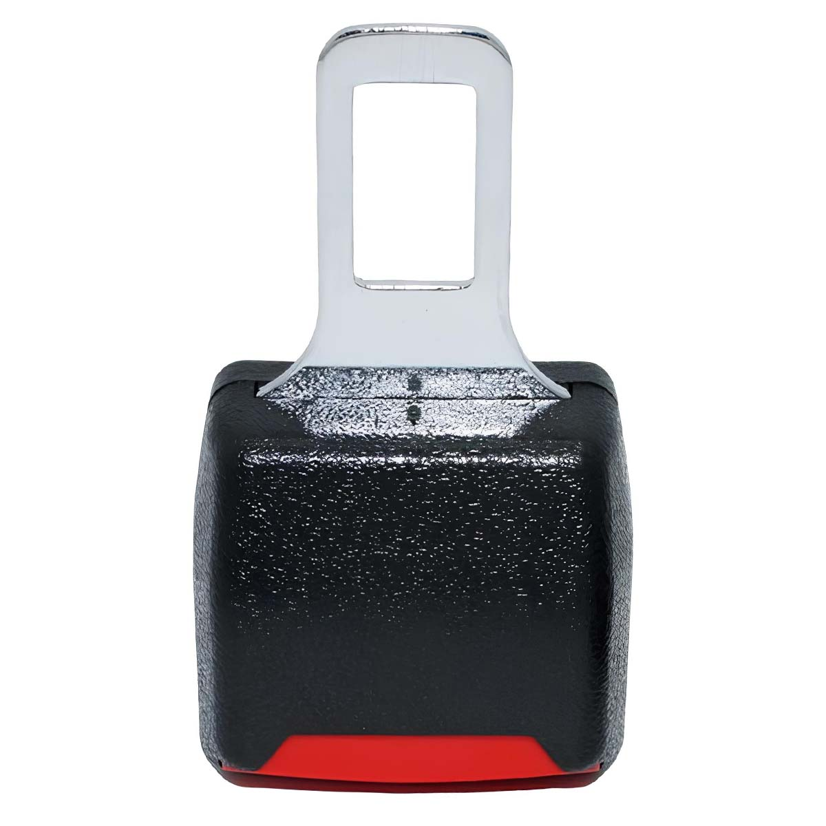 Schwarz-rotes Schnallenstück mit glänzendem Metallbügel.