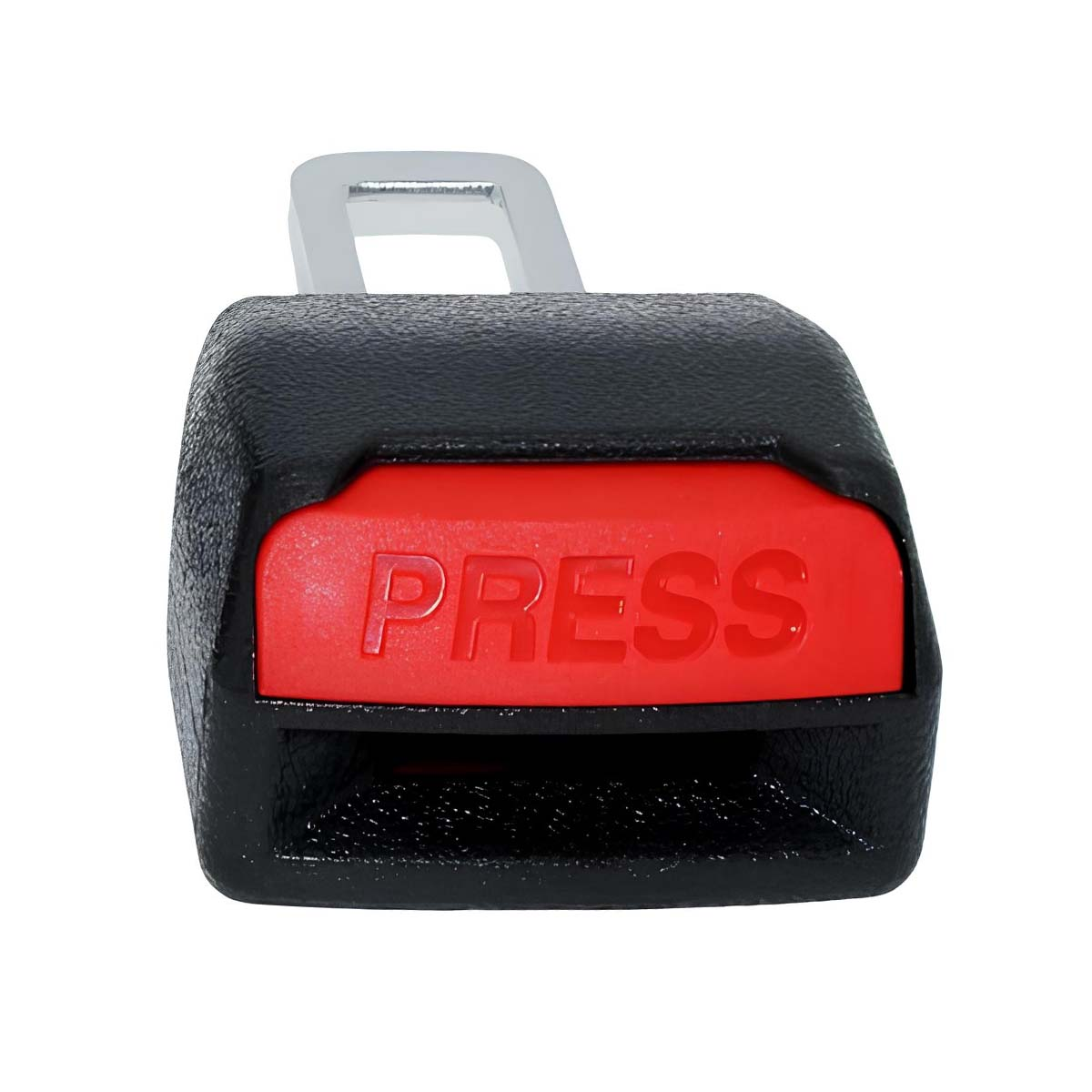 Ein schwarzer Autosicherheitsgurtverschluss mit rotem Knopf, auf dem PRESS steht.