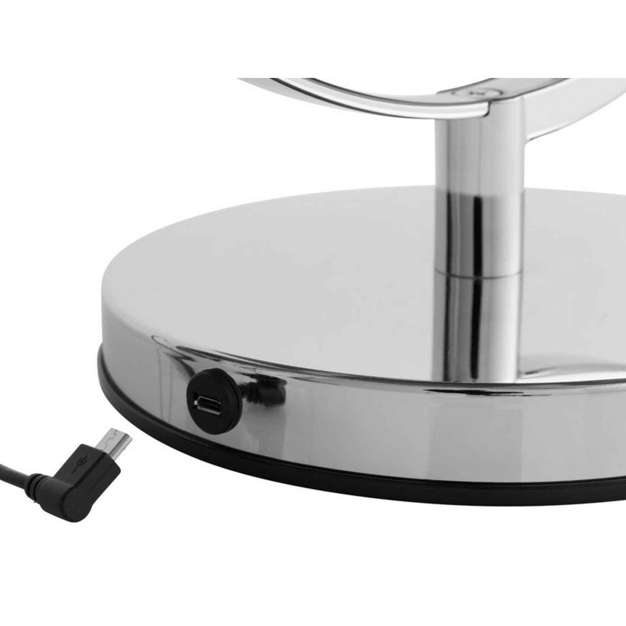 Chromglänzender Spiegelständer mit USB-Anschluss und Stecker.