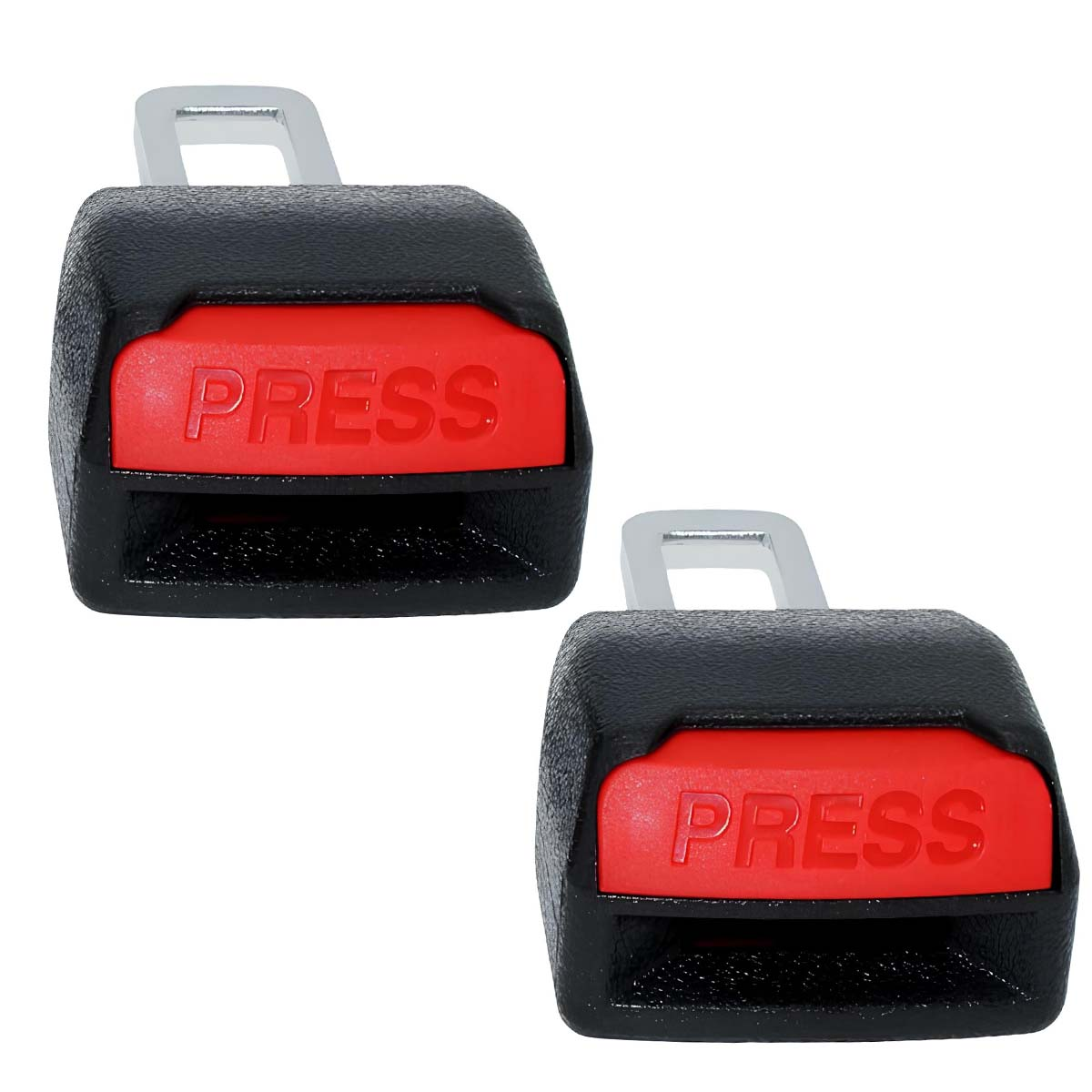 Zwei schwarze Gurtschlösser mit rotem Knopf mit der Aufschrift "PRESS".