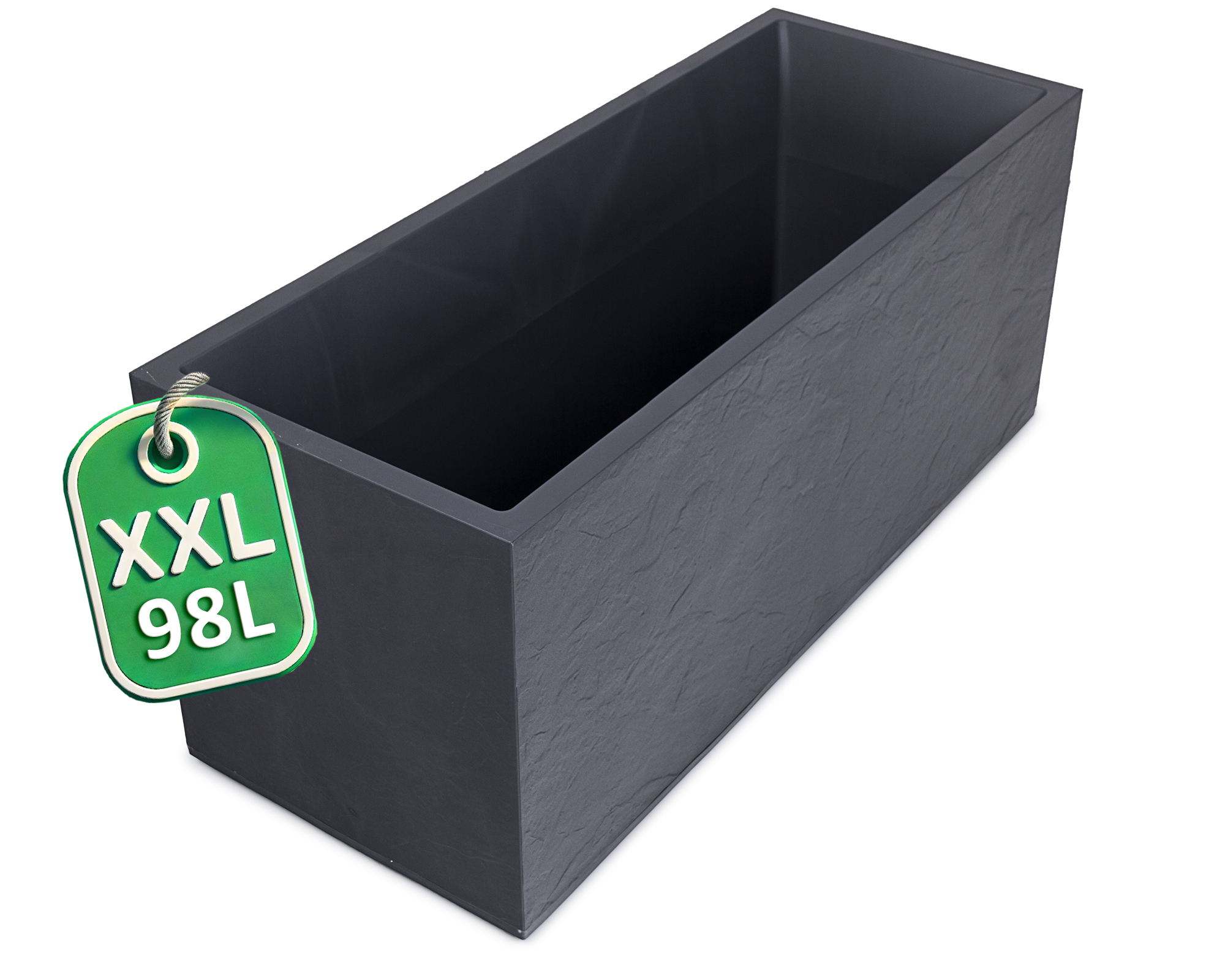 Grauer XXL-Pflanzkasten mit einem Fassungsvermögen von 98L.