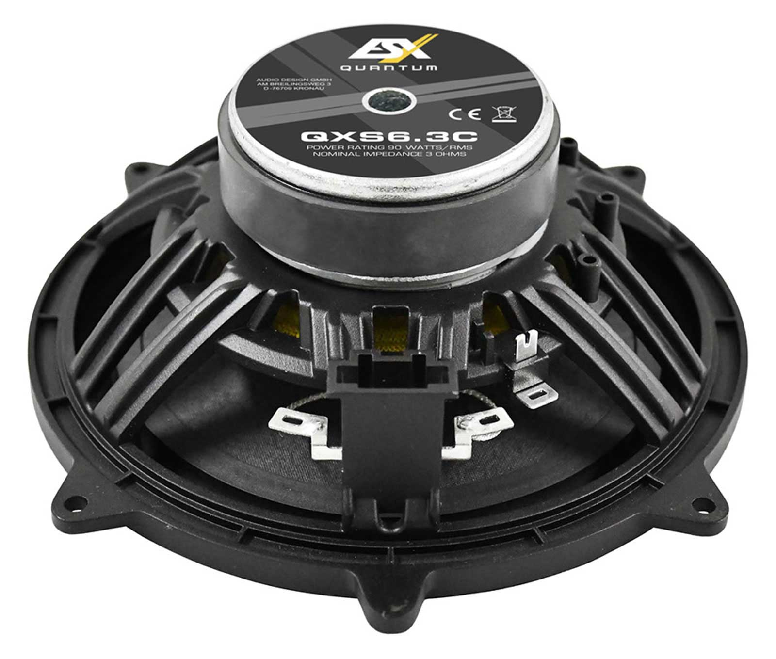 Ein schwarzer Lautsprecher mit dem Modellnamen QX S6.3C und Leistungsangaben.