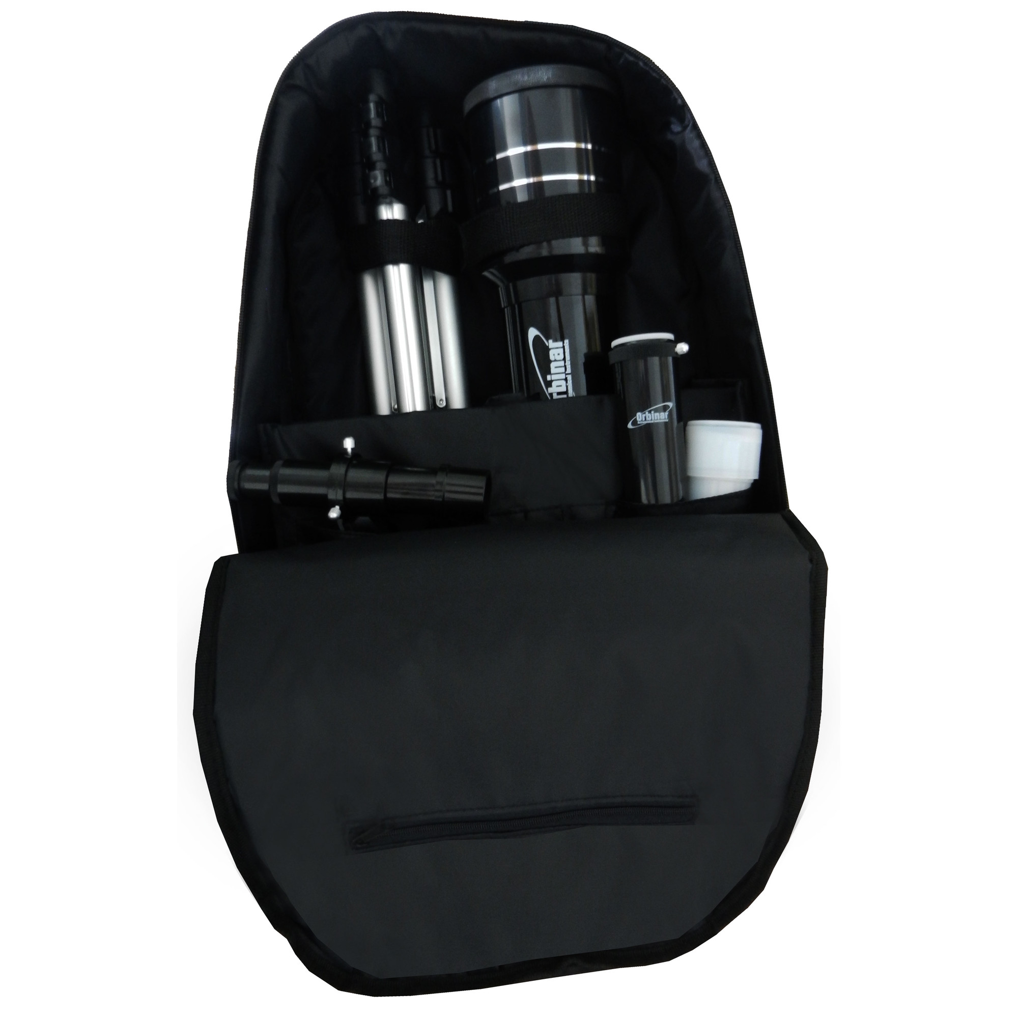 Ein schwarzer Rucksack mit Teleskopteilen, einem Okular und einem Sucherfernrohr.