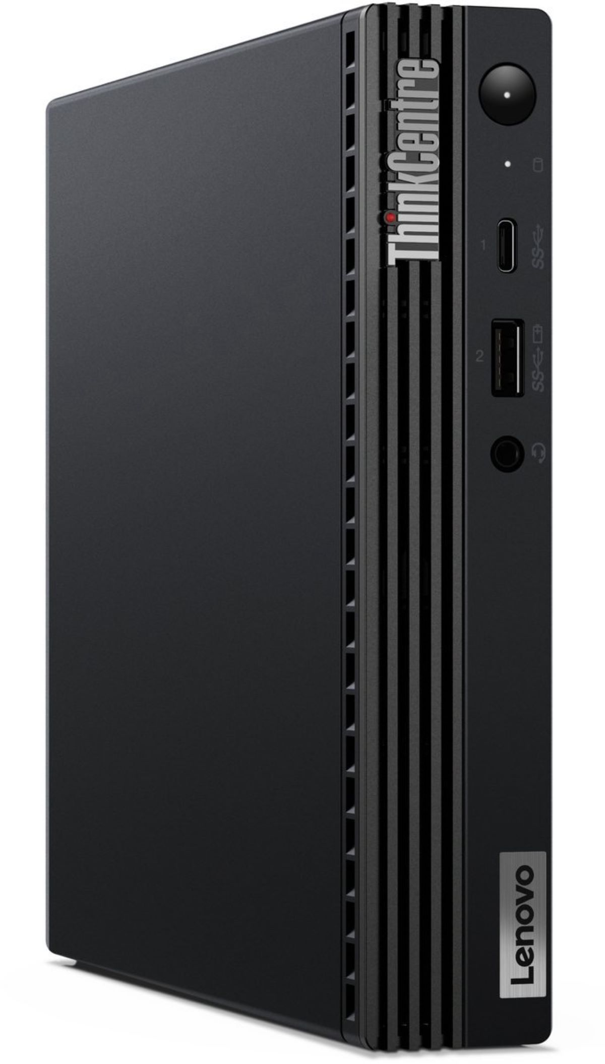 Een zwarte Lenovo ThinkCentre mini-pc met poorten aan de voorkant.