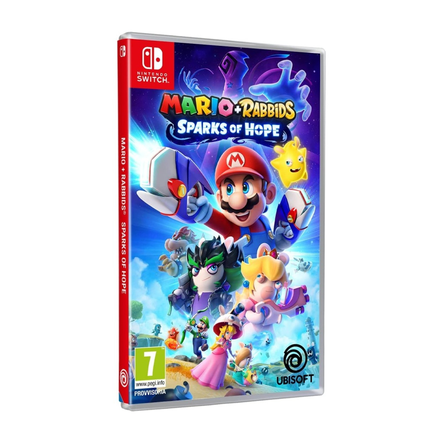 Pudełko gry Mario and Rabbids Sparks of Hope na Nintendo Switch z postaciami na tle kosmosu.
