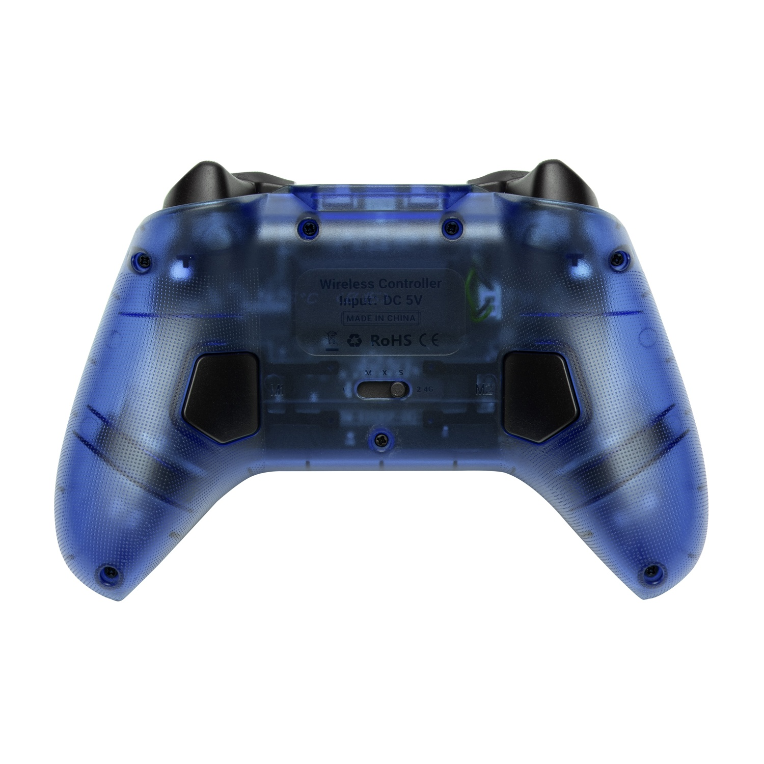 Controller blu trasparente con accenti neri su sfondo bianco.