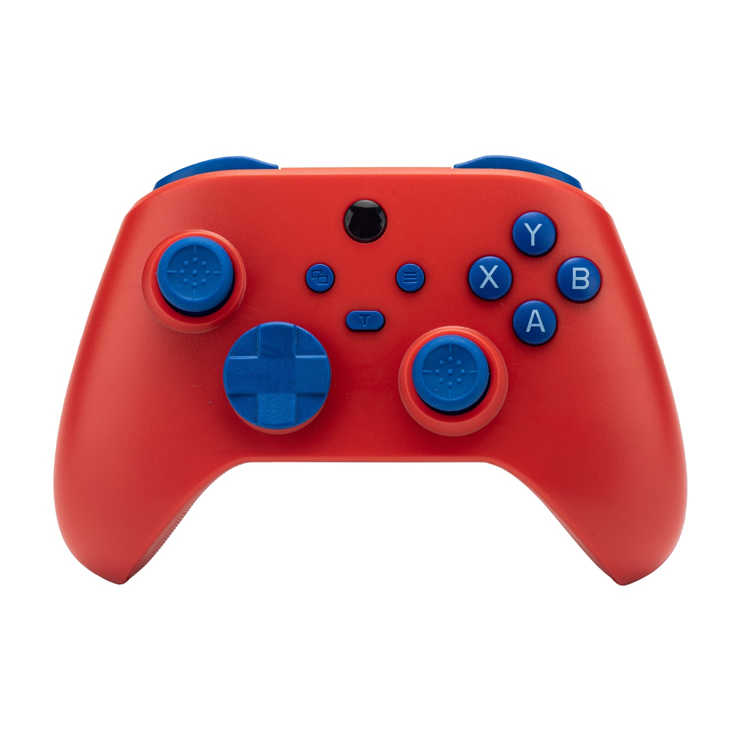 Un controller per videogiochi rosso con pulsanti e joystick blu su sfondo bianco.