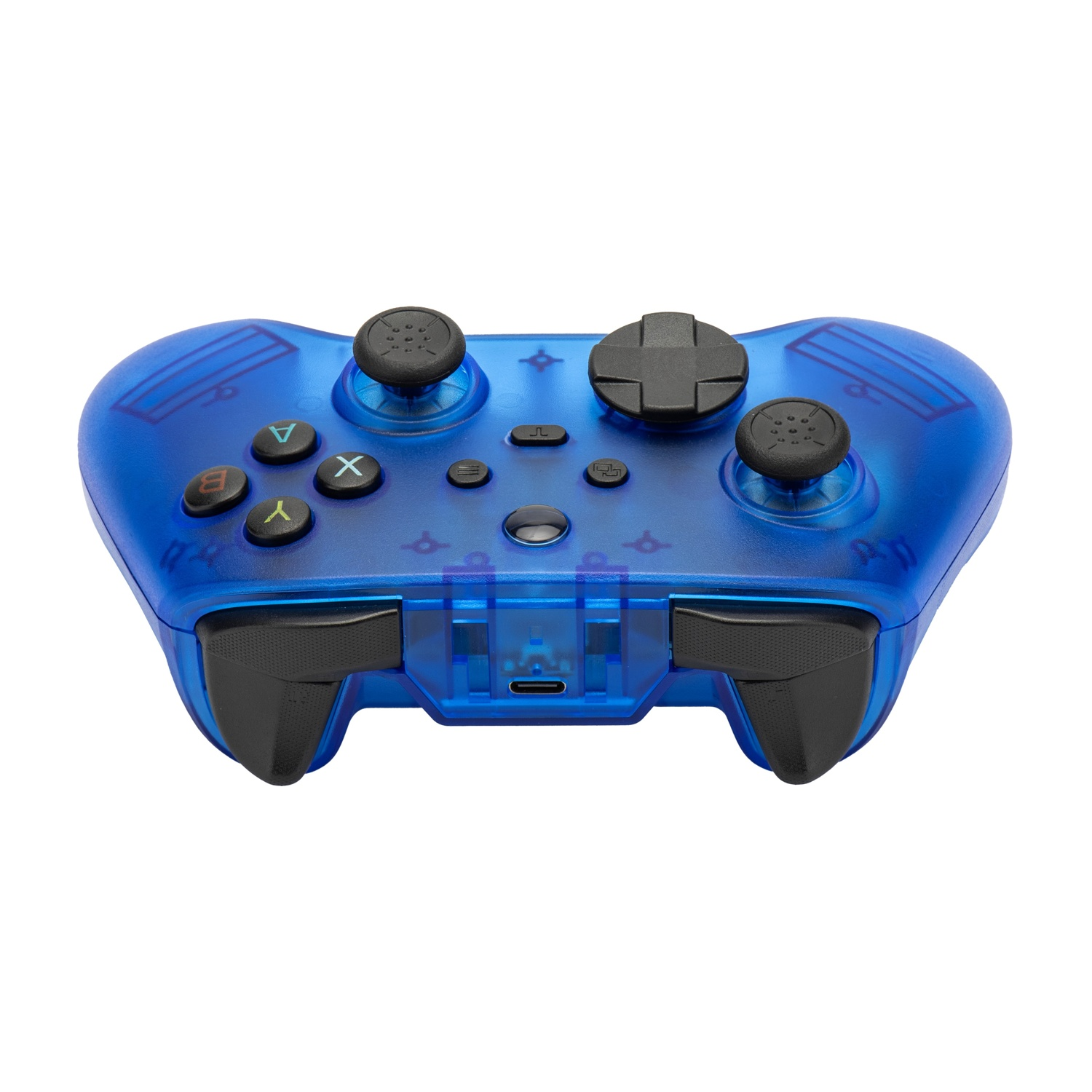 Un controller di gioco blu traslucido con pulsanti e joystick neri.