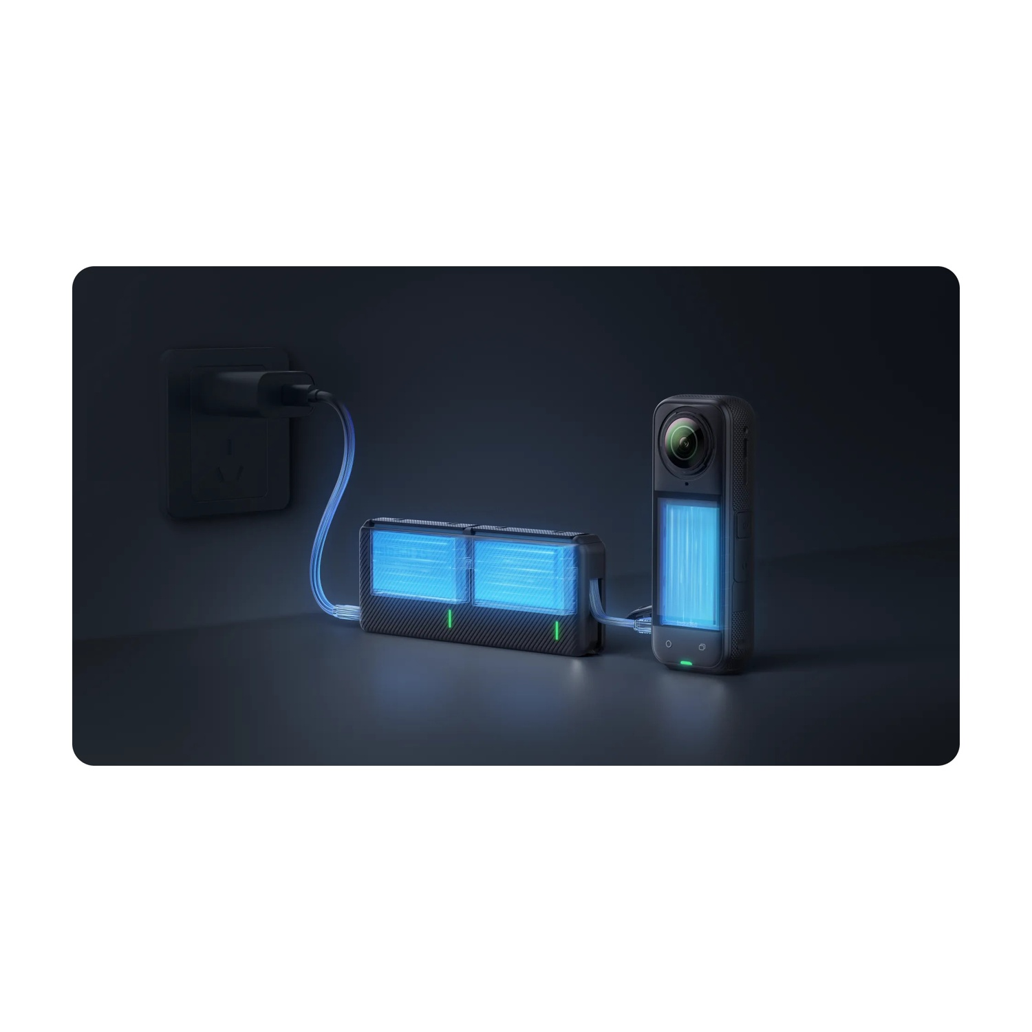 Ein schwarzer Stecker lädt ein rechteckiges Gerät mit blauen Lichtern.