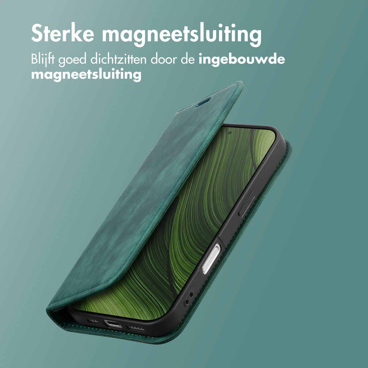 Custodia verde per telefono con chiusura magnetica, mostra l'interno.