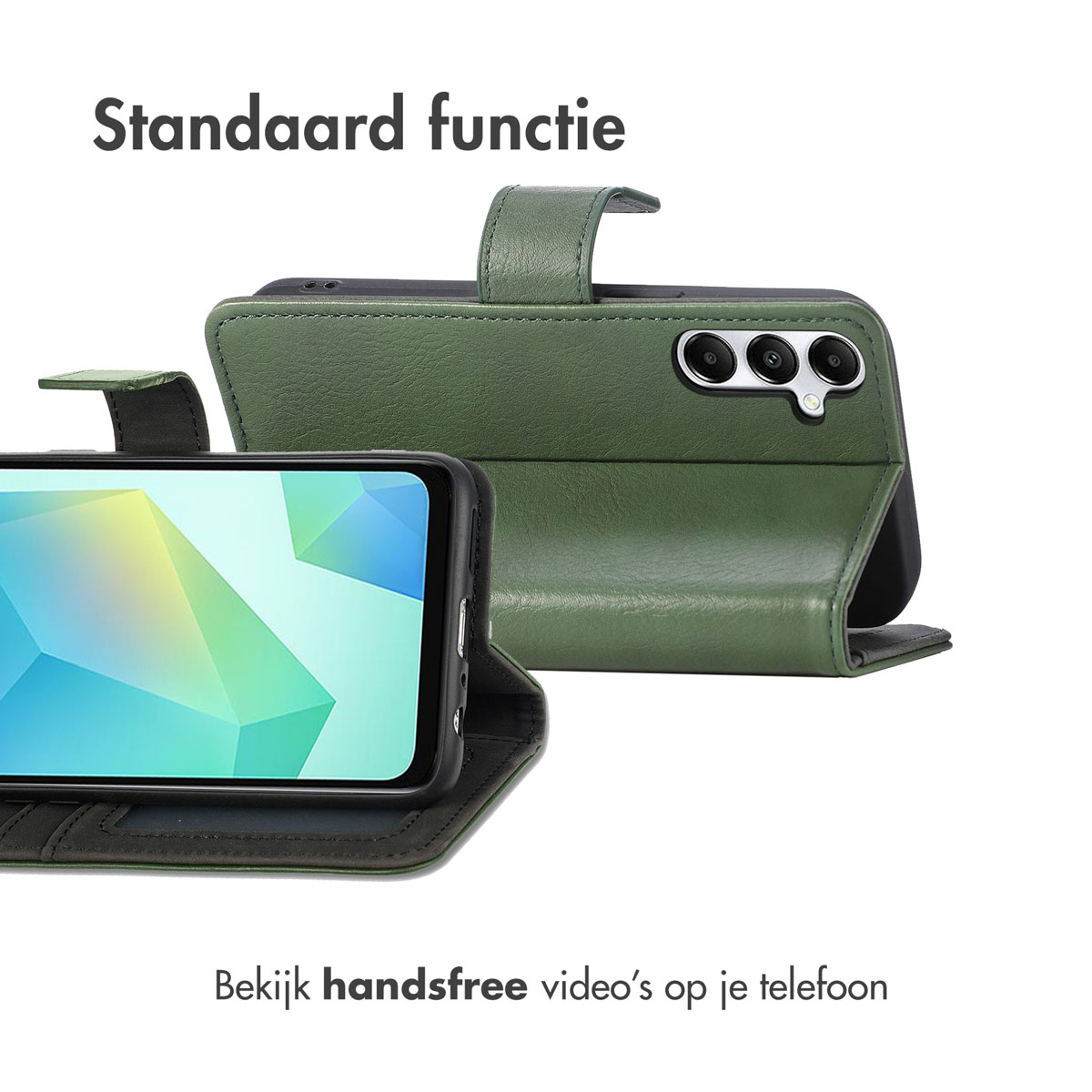 Groene telefoonhoes geopend, met telefoon en camera's.