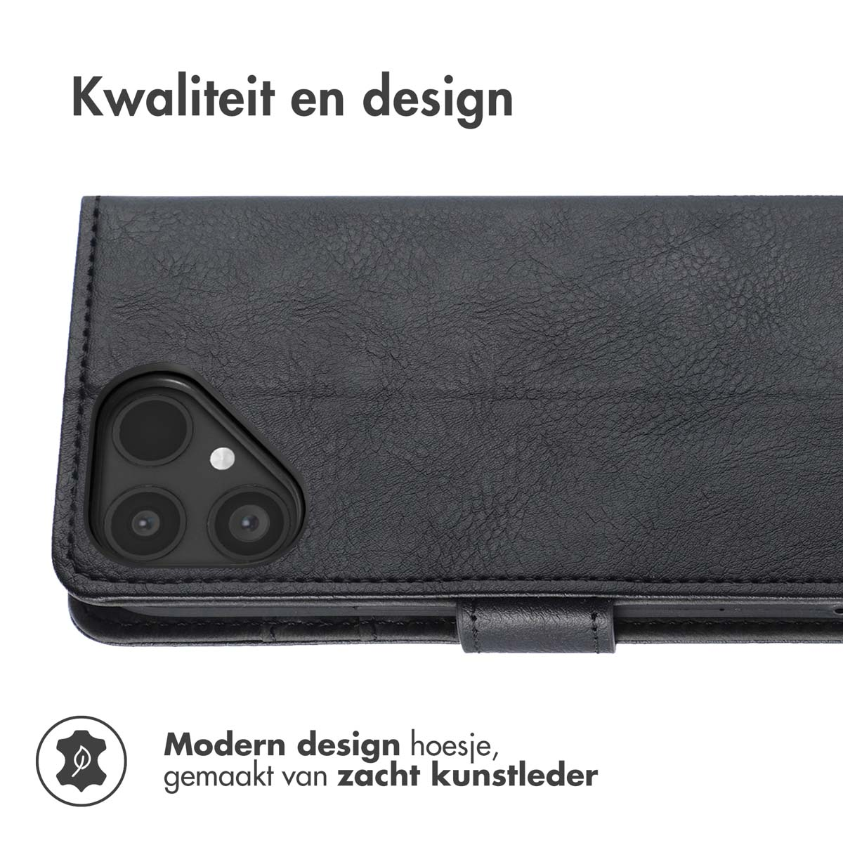 Zwarte kunstleren telefoonhoes met cameramodule en tekst 'Kwaliteit en Design'.