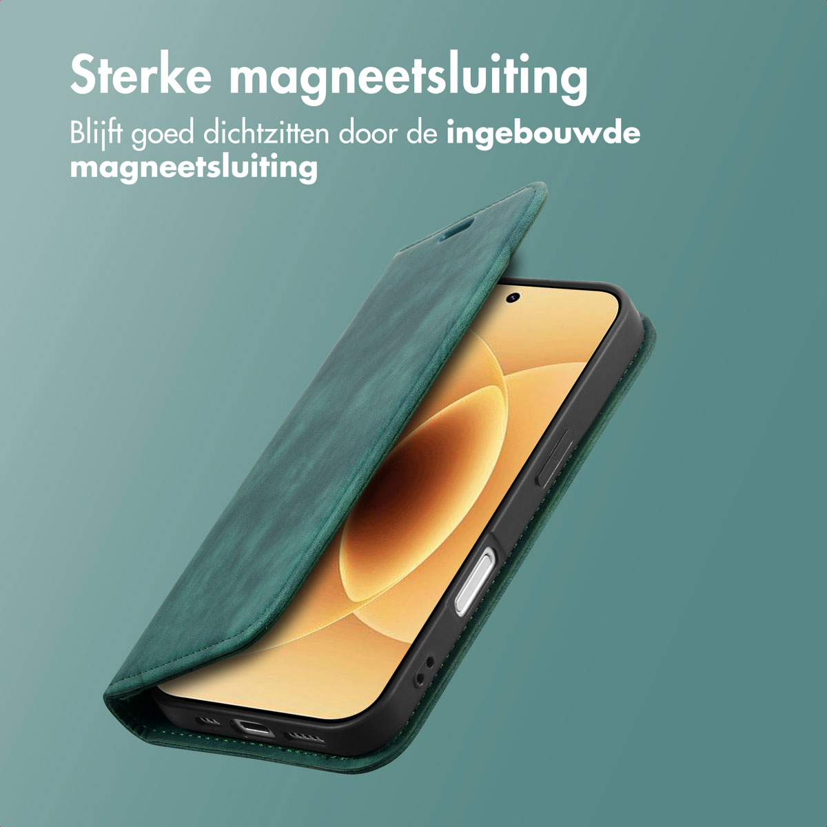 Een donkergroene telefoonhoes is open, met een telefoon met een gele cirkelvormige achtergrond.
