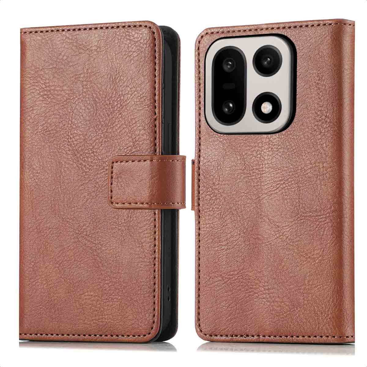 Étui de téléphone en cuir marron avec protection de caméra et fermeture magnétique.