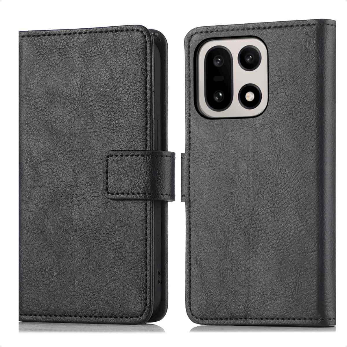 Zwarte leren flip telefoonhoes met camera-uitsparing.