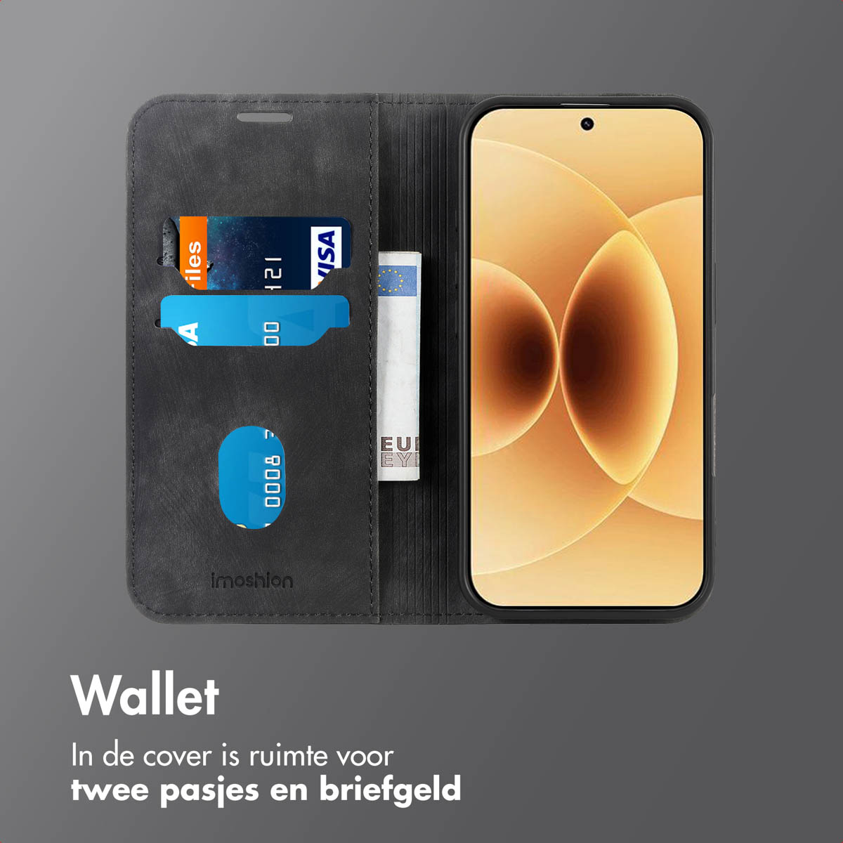 Zwarte portemonnee met telefoon, kaarten en bankbiljet. Imoshion logo.