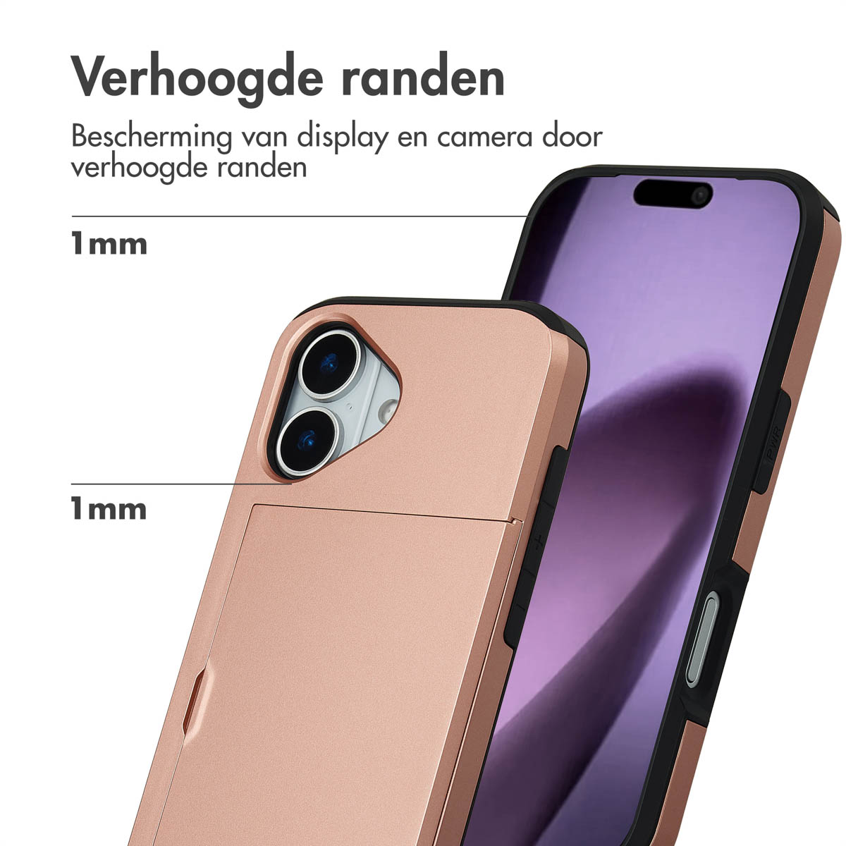 Een roségouden telefoonhoes met verhoogde randen beschermt camera en display.