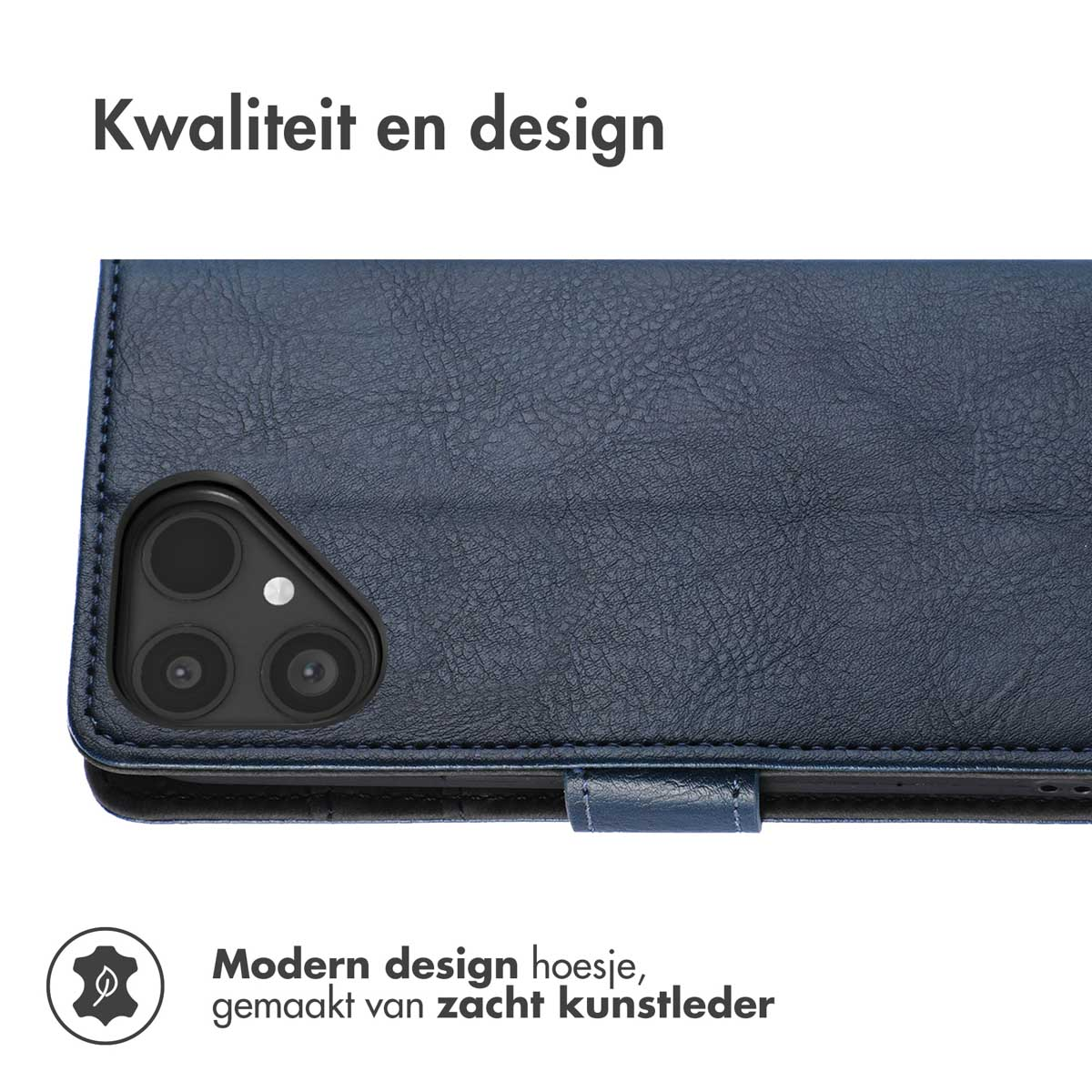 Étui de téléphone en similicuir bleu foncé avec découpe caméra et icône sceau.