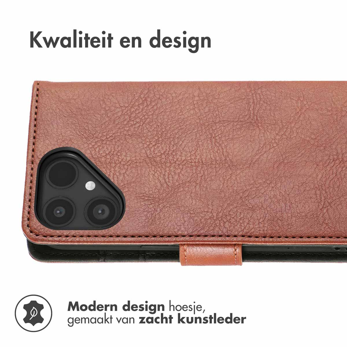 Étui en cuir marron avec découpe caméra et fermoir. Texte : Qualité et design.