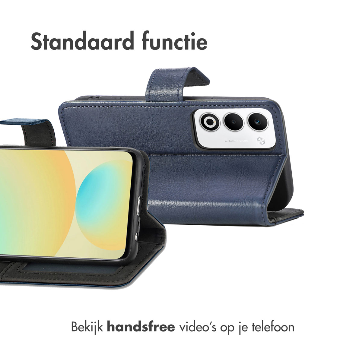 Custodia blu per telefono con funzione stand e telefono con display colorato.